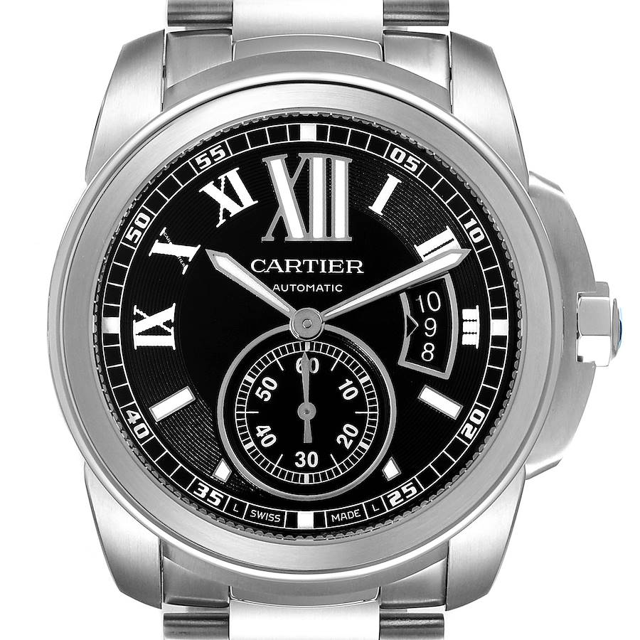 Calibre De Cartier Stainless Steel Black Dial Mens Watch W7100016 Box Papers SwissWatchExpo