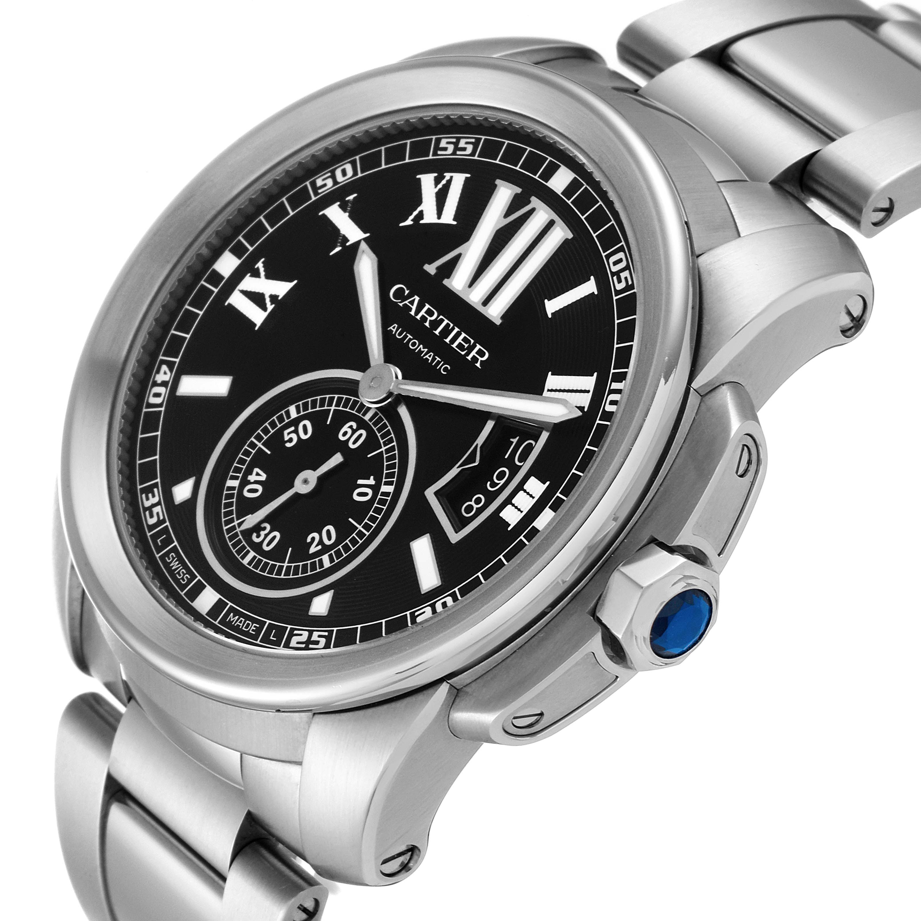 This image shows a close-up, angled view of the Calibre de Cartier watch by Cartier, highlighting the bezel, dial, subdial, and crown.