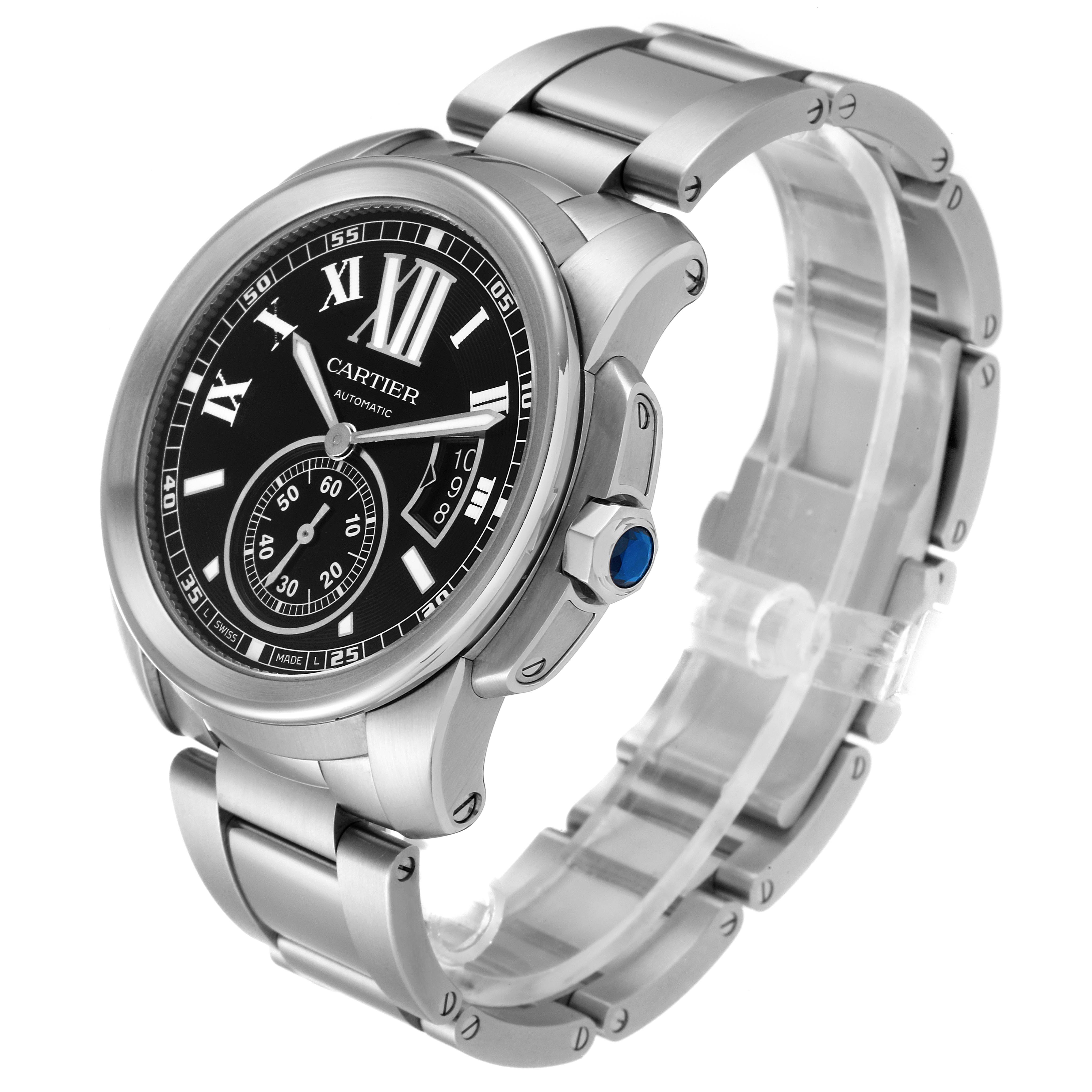 The image shows a side view of a Calibre de Cartier watch by Cartier, displaying the face, crown, and bracelet.