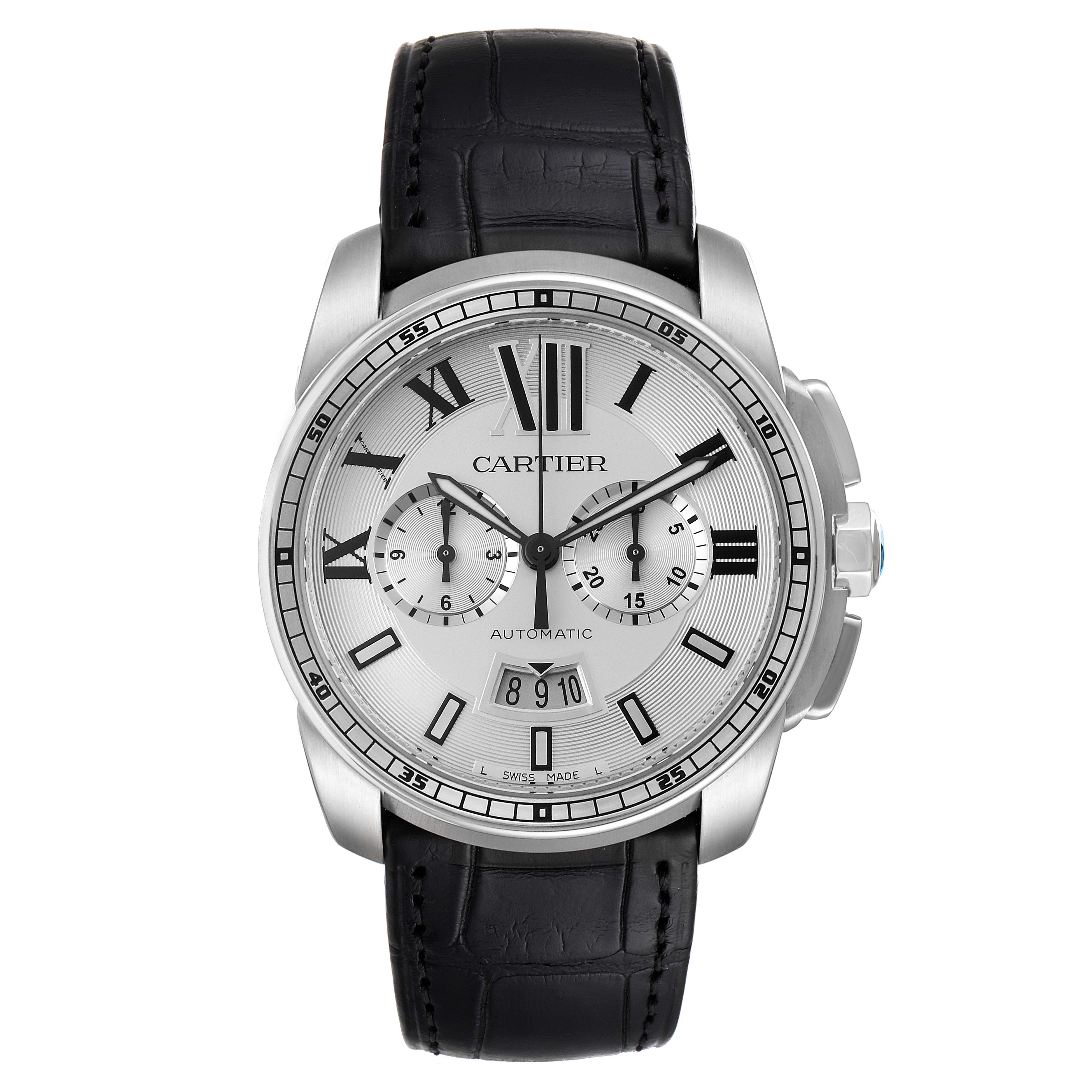 The image shows a frontal view of the Calibre de Cartier watch by Cartier, displaying its dial, case, and leather strap.
