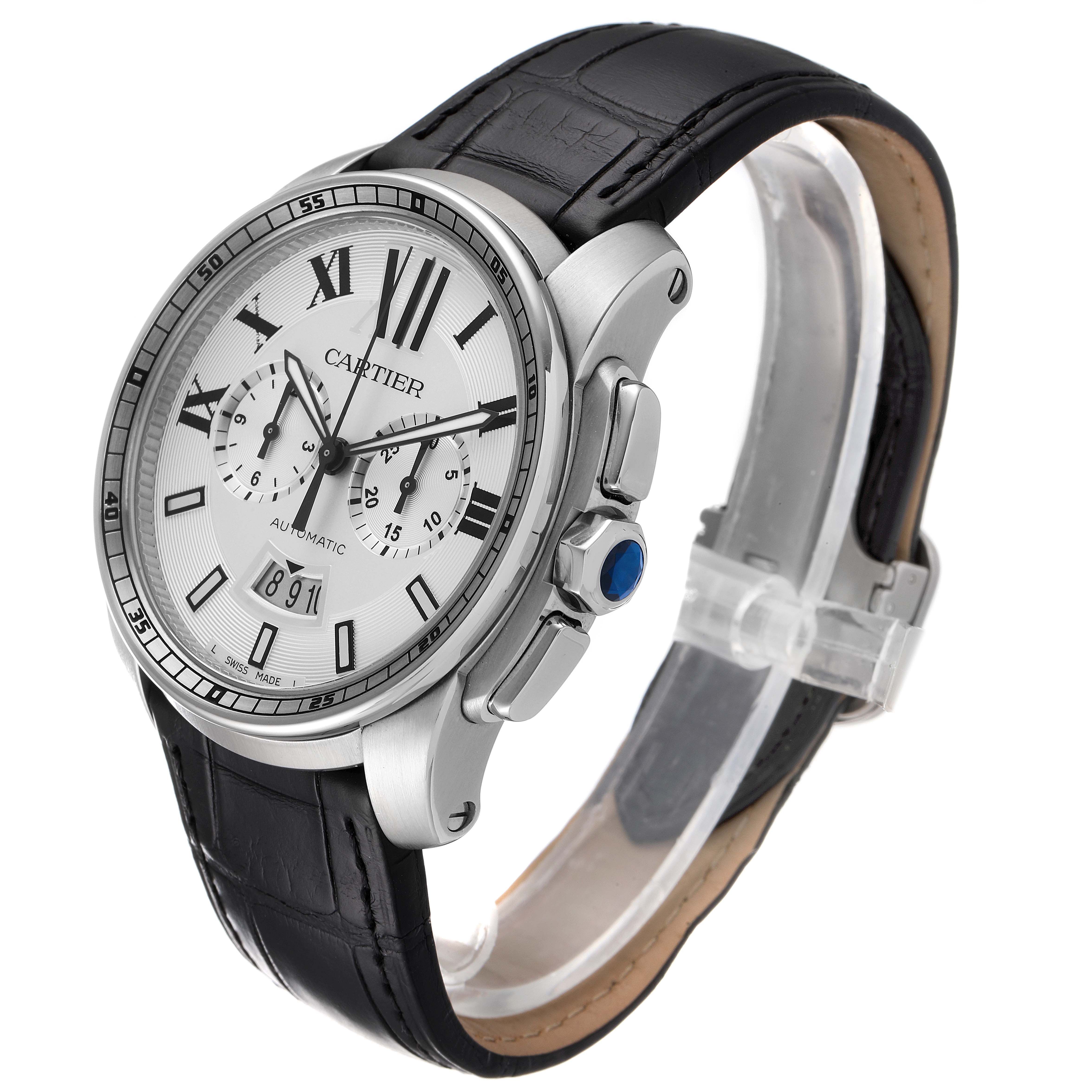 The image shows a side-angle view of a Calibre de Cartier watch by Cartier, highlighting the face, crown, straps, and clasp.