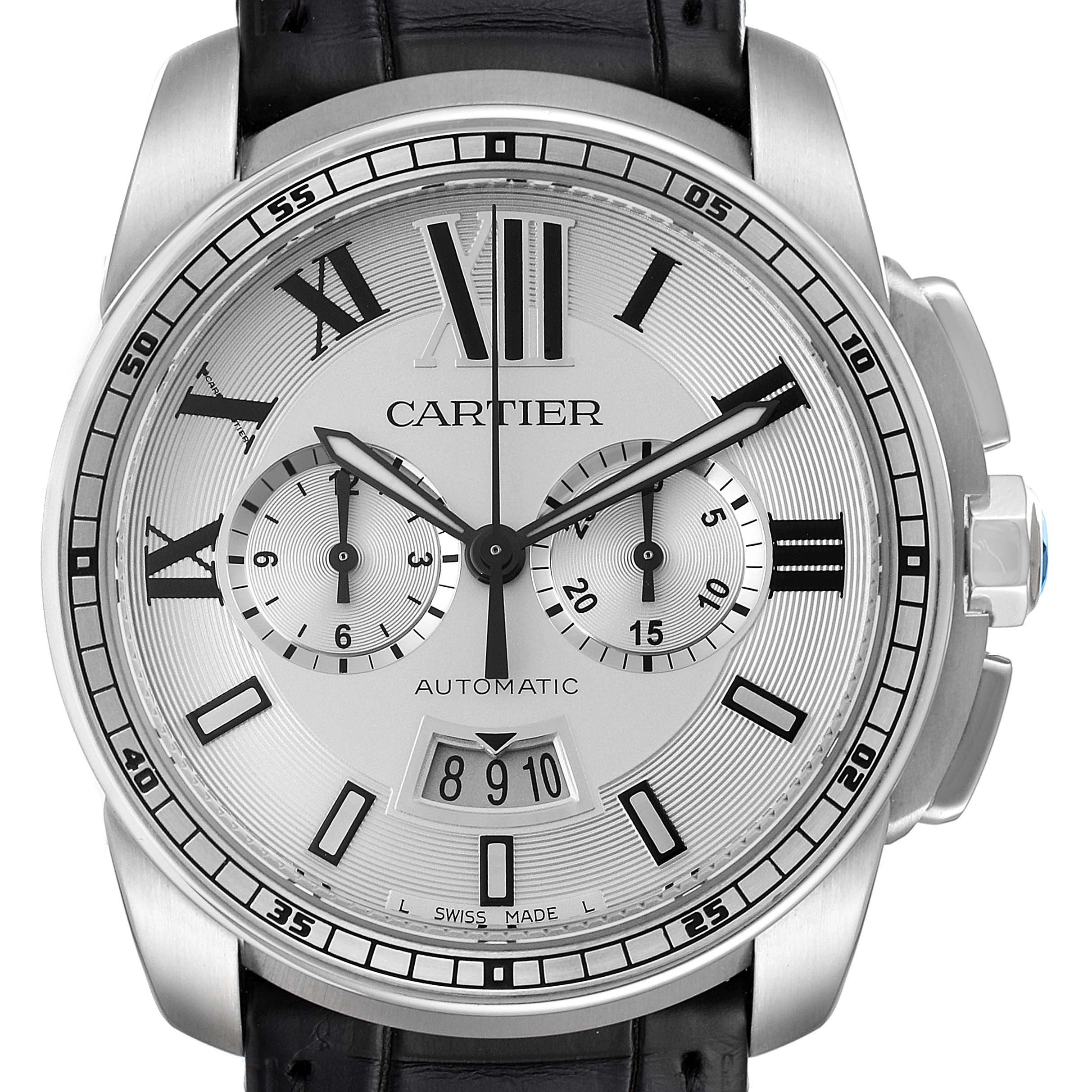 Calibre De Cartier Steel Chronograph Silver Dial Watch W7100046 Box ...