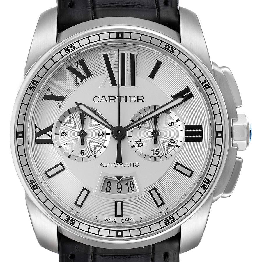 Calibre De Cartier Steel Chronograph Silver Dial Watch W7100046 Box Papers SwissWatchExpo