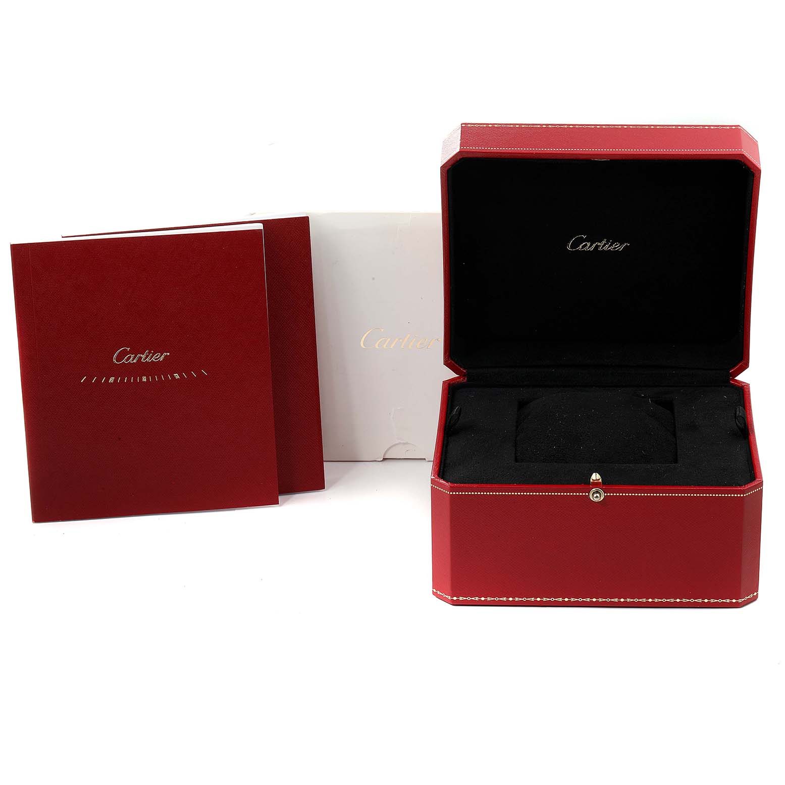 The image displays an open red Cartier box and accompanying documents for a Calibre de Cartier watch.