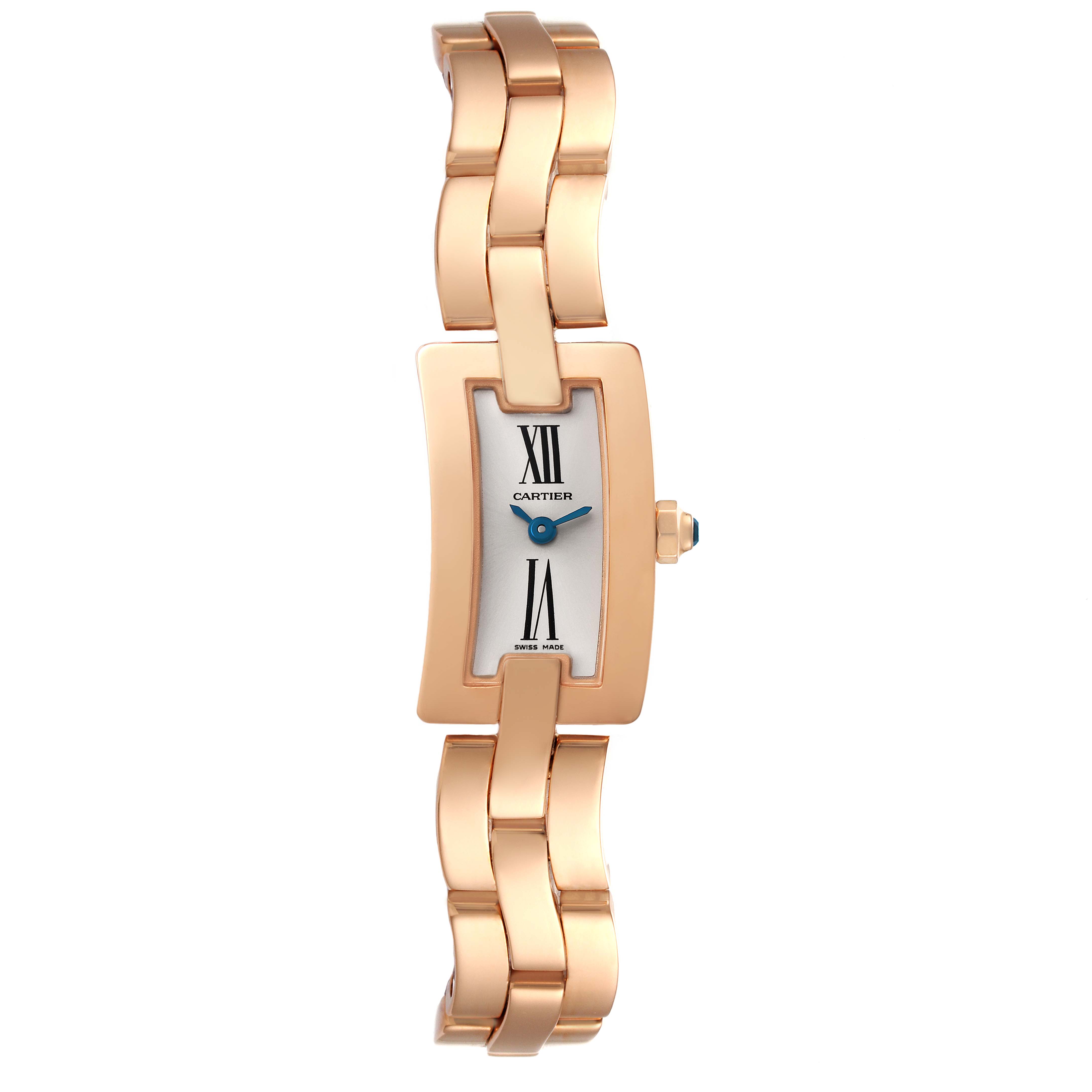 This image shows a frontal view of the Cartier Balerina W700023J Women's Rose Gold Silver Dial W700023J Women's Rose Gold Silver Dial watch, highlighting its rectangular face, Roman numerals, and metal strap.