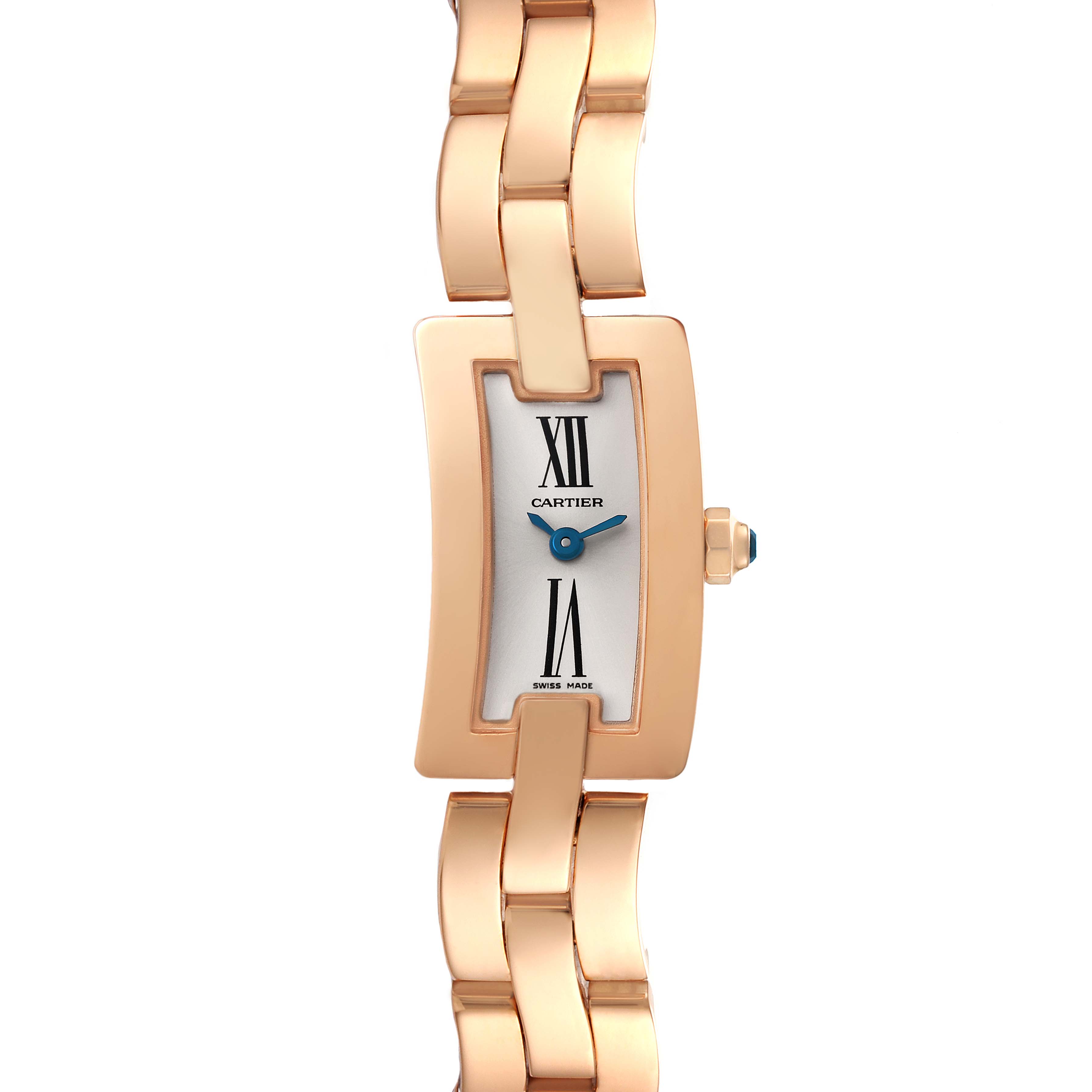 The image shows a top-view angle of the Cartier Balerina W700023J Women's Rose Gold Silver Dial W700023J Women's Rose Gold Silver Dial watch, highlighting its rectangular face and linked bracelet.