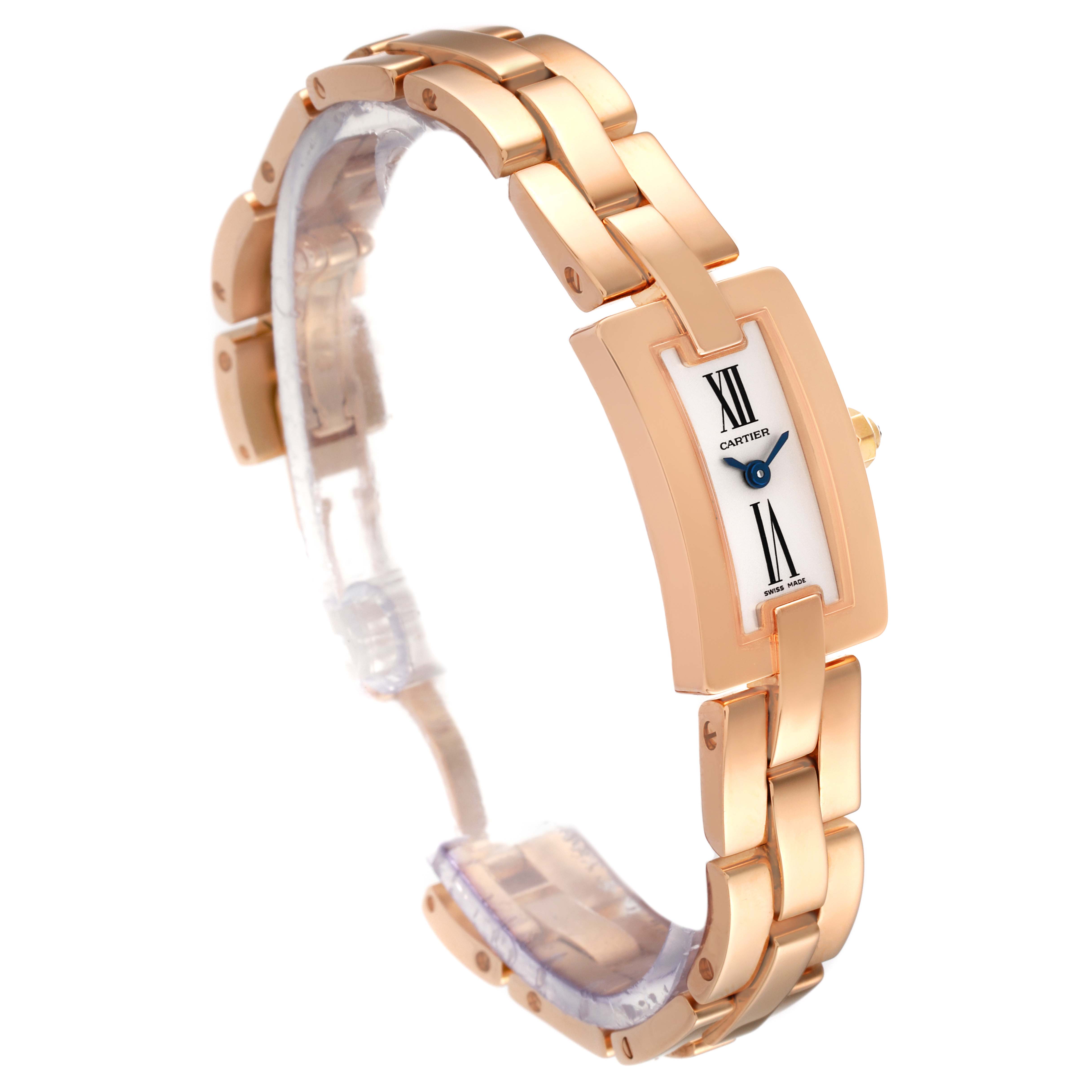 The Cartier Balerina W700023J Women's Rose Gold Silver Dial W700023J Women's Rose Gold Silver Dial watch is shown from an angled side view, displaying the bracelet and rectangular dial.