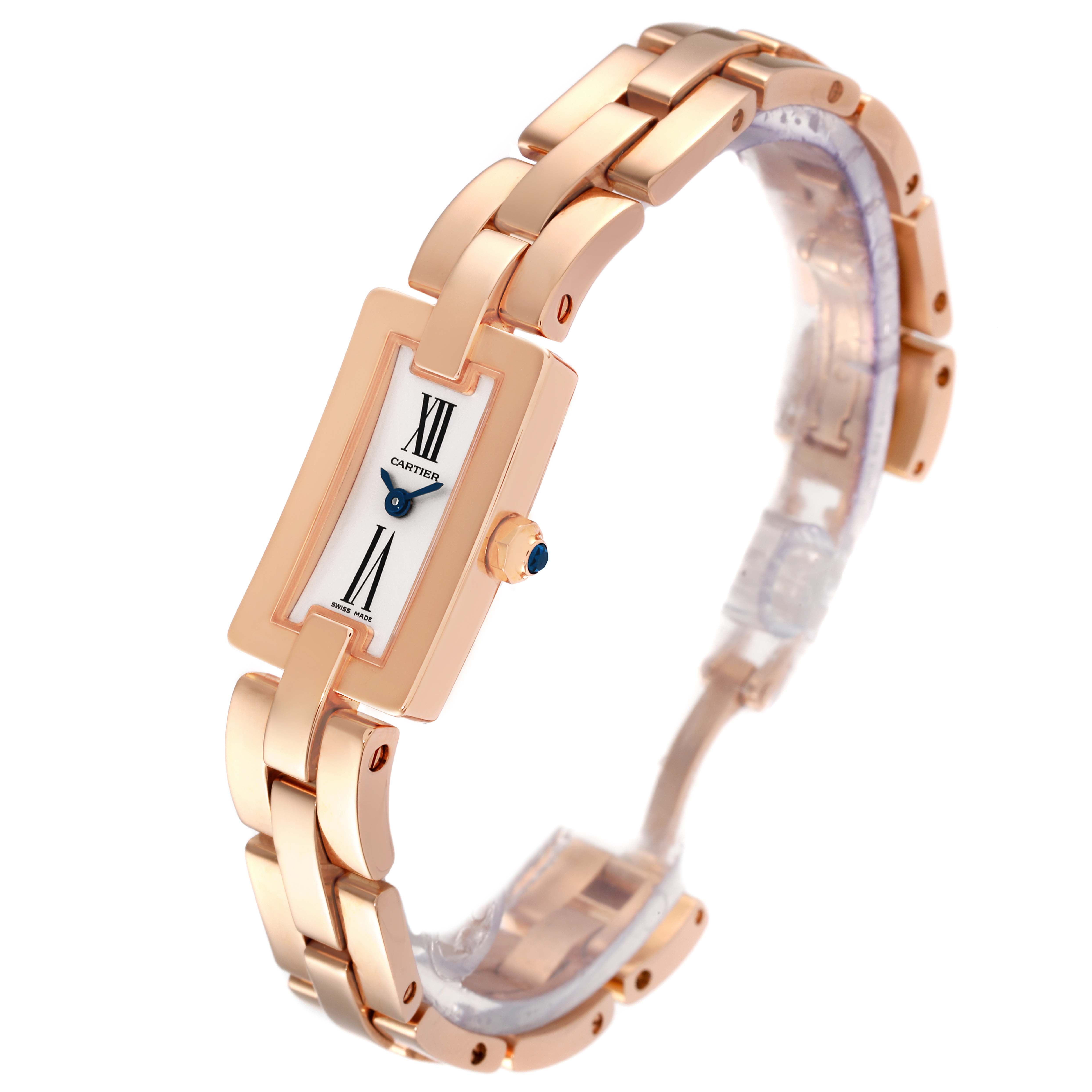The Cartier Balerina W700023J Women's Rose Gold Silver Dial W700023J Women's Rose Gold Silver Dial watch is shown at an angled view, highlighting the rectangular face, Roman numerals, and rose gold band.