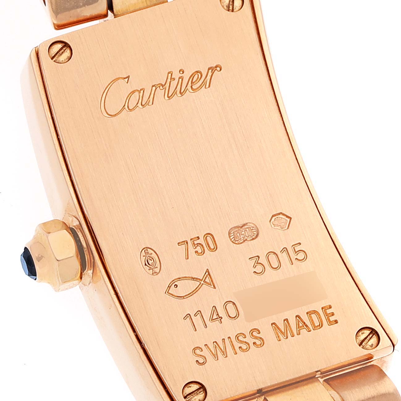 This image shows the case back of a Cartier Balerina W700023J Women's Rose Gold Silver Dial W700023J Women's Rose Gold Silver Dial watch, highlighting the engraved branding and Swiss Made marks.