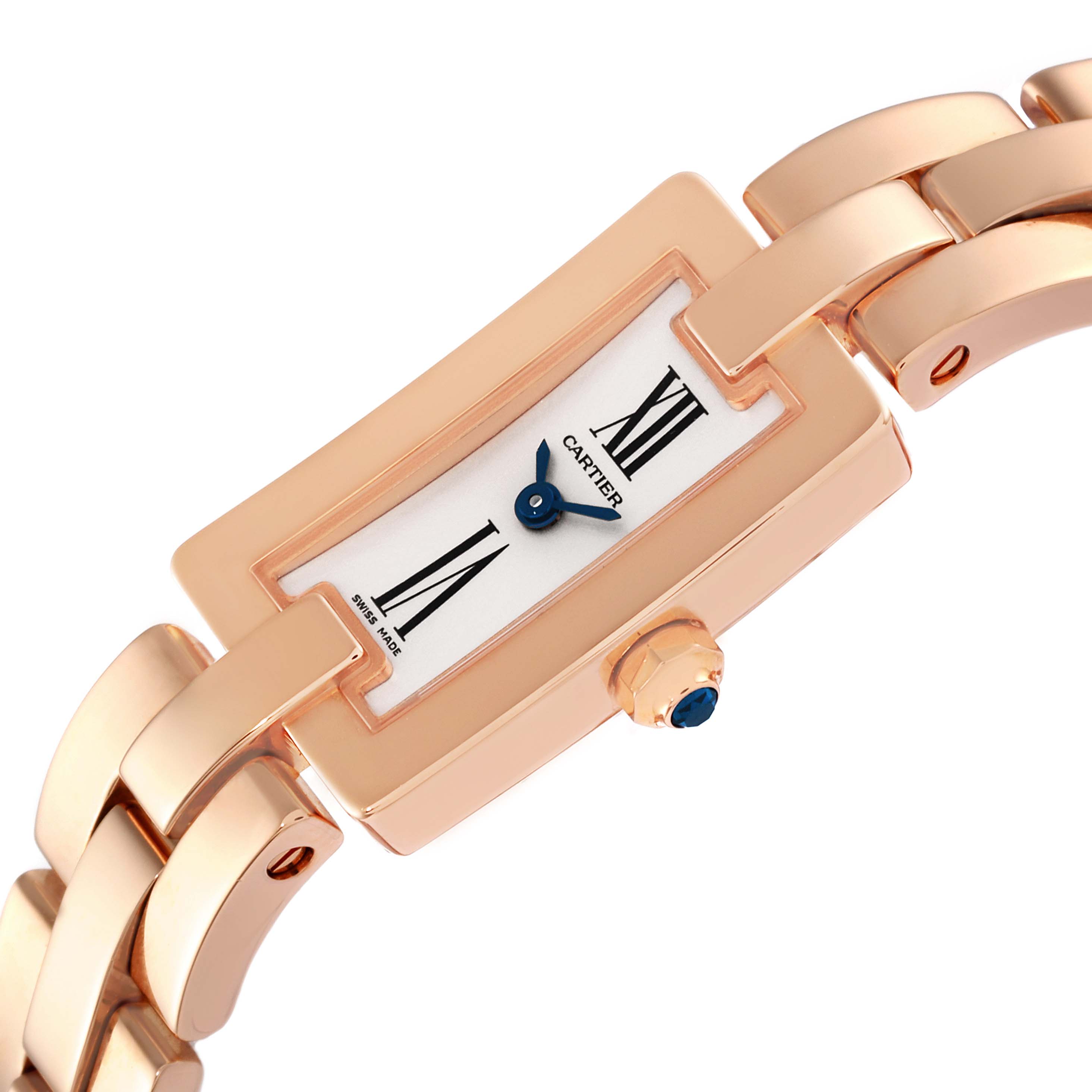 The Cartier Ballerina model watch is shown at an oblique angle, displaying part of the band, face, and crown.