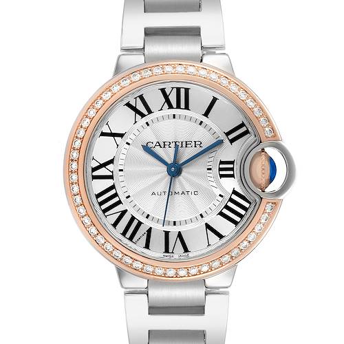 The Cartier Ballon Bleu WE902080 Women's Stainless Steel Silver Dial watch is shown from the front, highlighting the face, bezel, and part of the bracelet.
