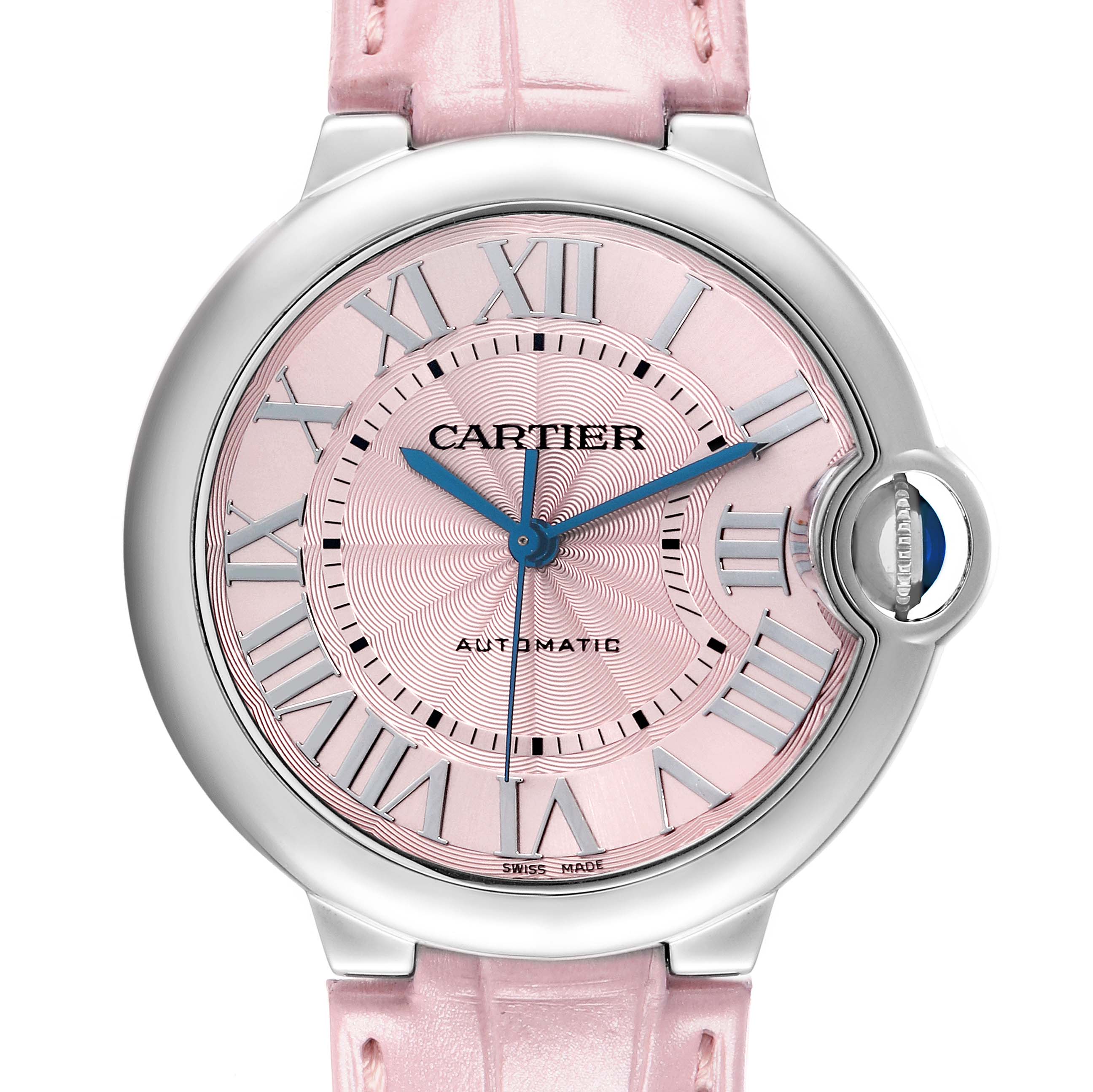 The image shows a frontal view of the Cartier Ballon Bleu WSBB0007 Women
s Stainless Steel Pink Dial watch, highlighting its pink dial, Roman numerals, and blue hands.