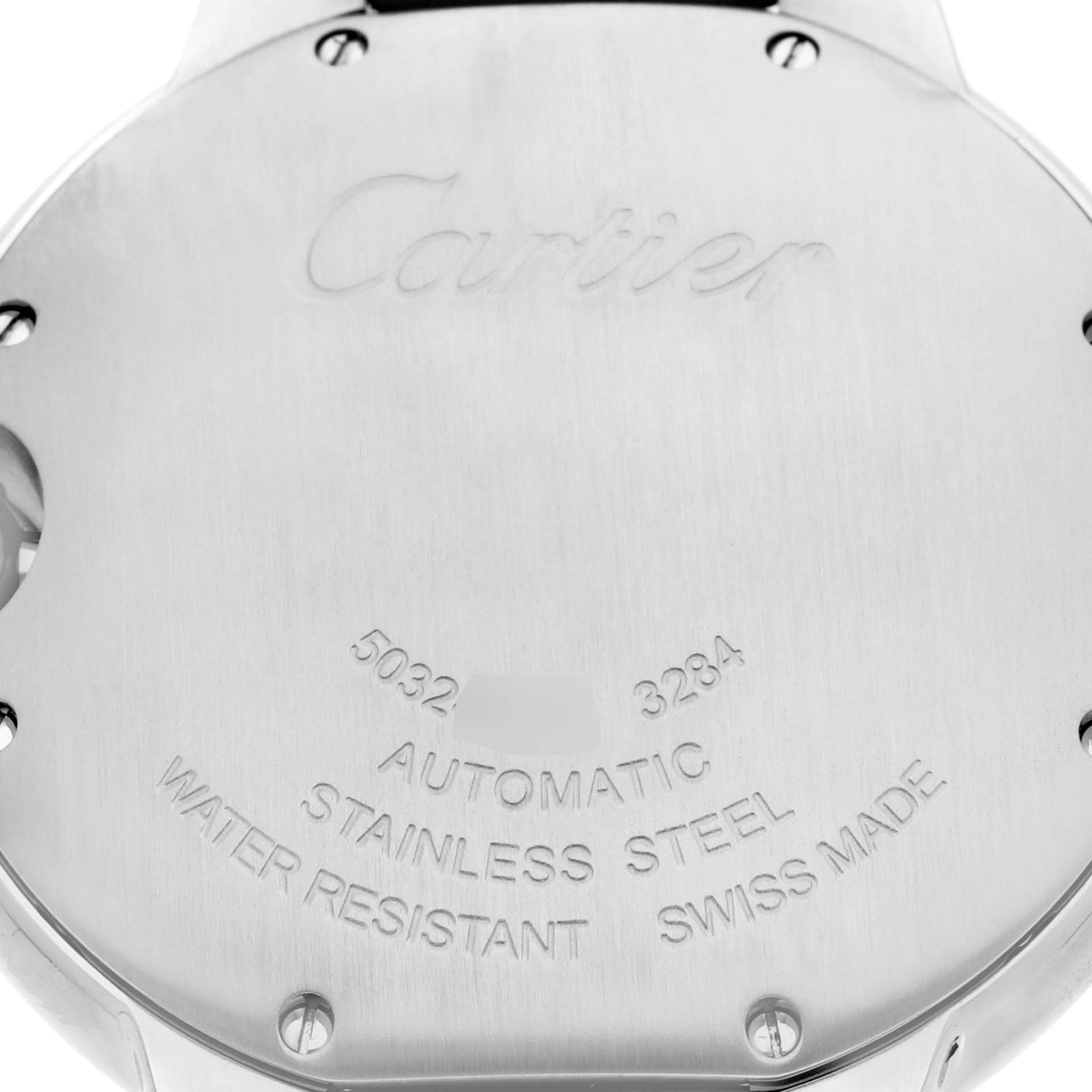 The image shows the back case of the Cartier Ballon Bleu WSBB0007 Women
s Stainless Steel Pink Dial watch, featuring engravings detailing its automatic movement and materials.