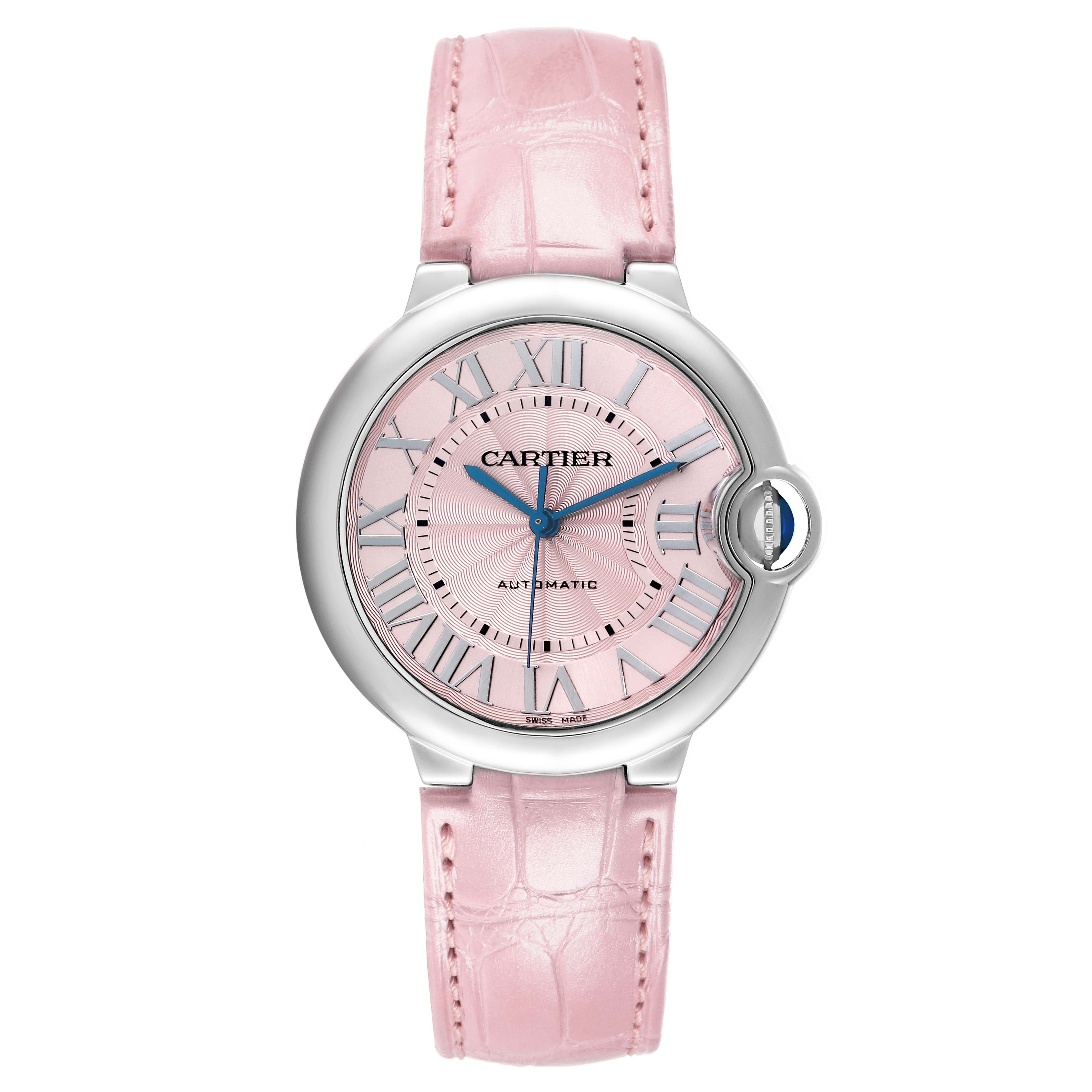 The Cartier Ballon Bleu WSBB0007 Women
s Stainless Steel Pink Dial watch is shown from the front, displaying its pink dial, Roman numerals, and pink strap.