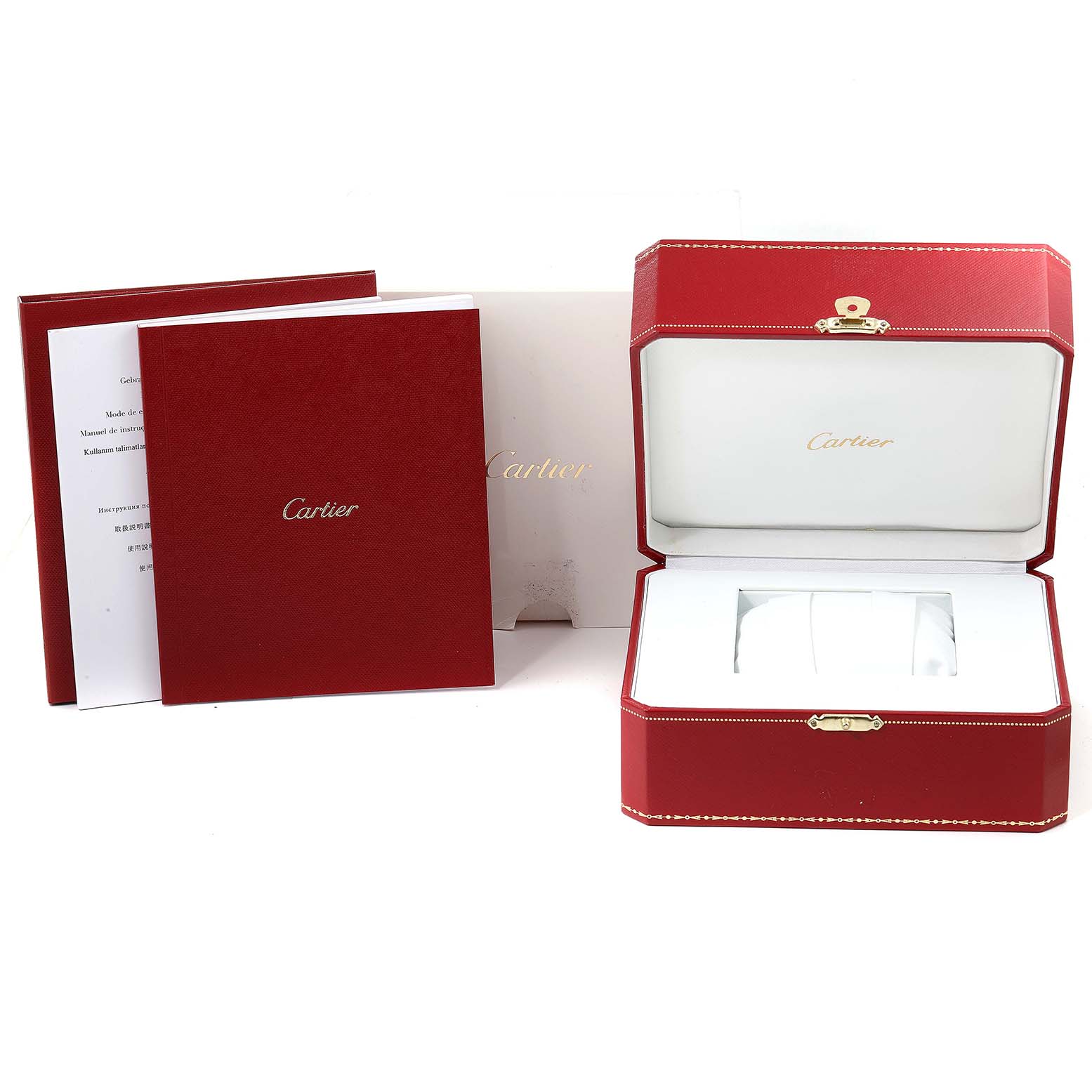 The image shows an open Cartier Ballon Bleu W69017Z4 Men's Stainless Steel Silver Dial W69017Z4 Men's Stainless Steel Silver Dial watch box with its documents and booklets displayed.