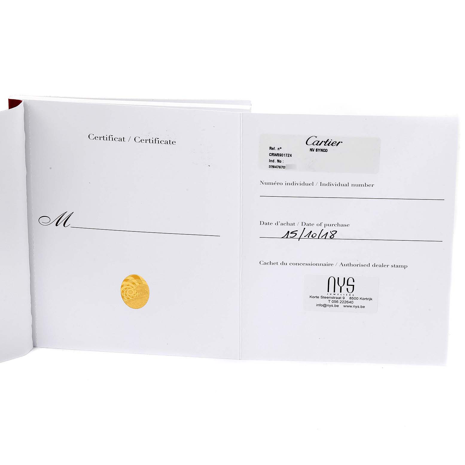 This image shows the certificate of authenticity and purchase details for the Cartier Ballon Bleu W69017Z4 Men's Stainless Steel Silver Dial W69017Z4 Men's Stainless Steel Silver Dial watch.