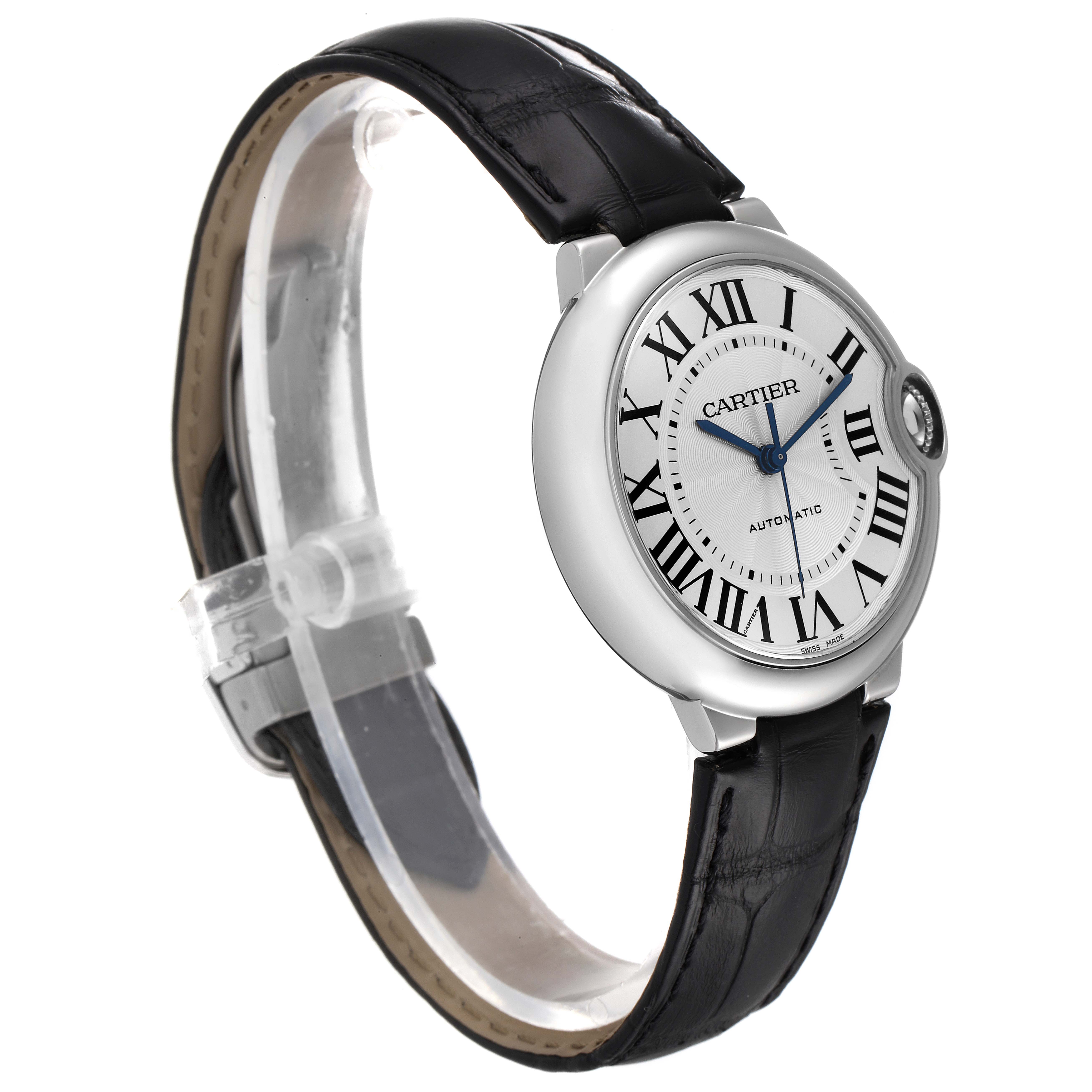 The image shows a side angle of the Cartier Ballon Bleu W69017Z4 Men's Stainless Steel Silver Dial W69017Z4 Men's Stainless Steel Silver Dial watch, highlighting the face, strap, and crown.