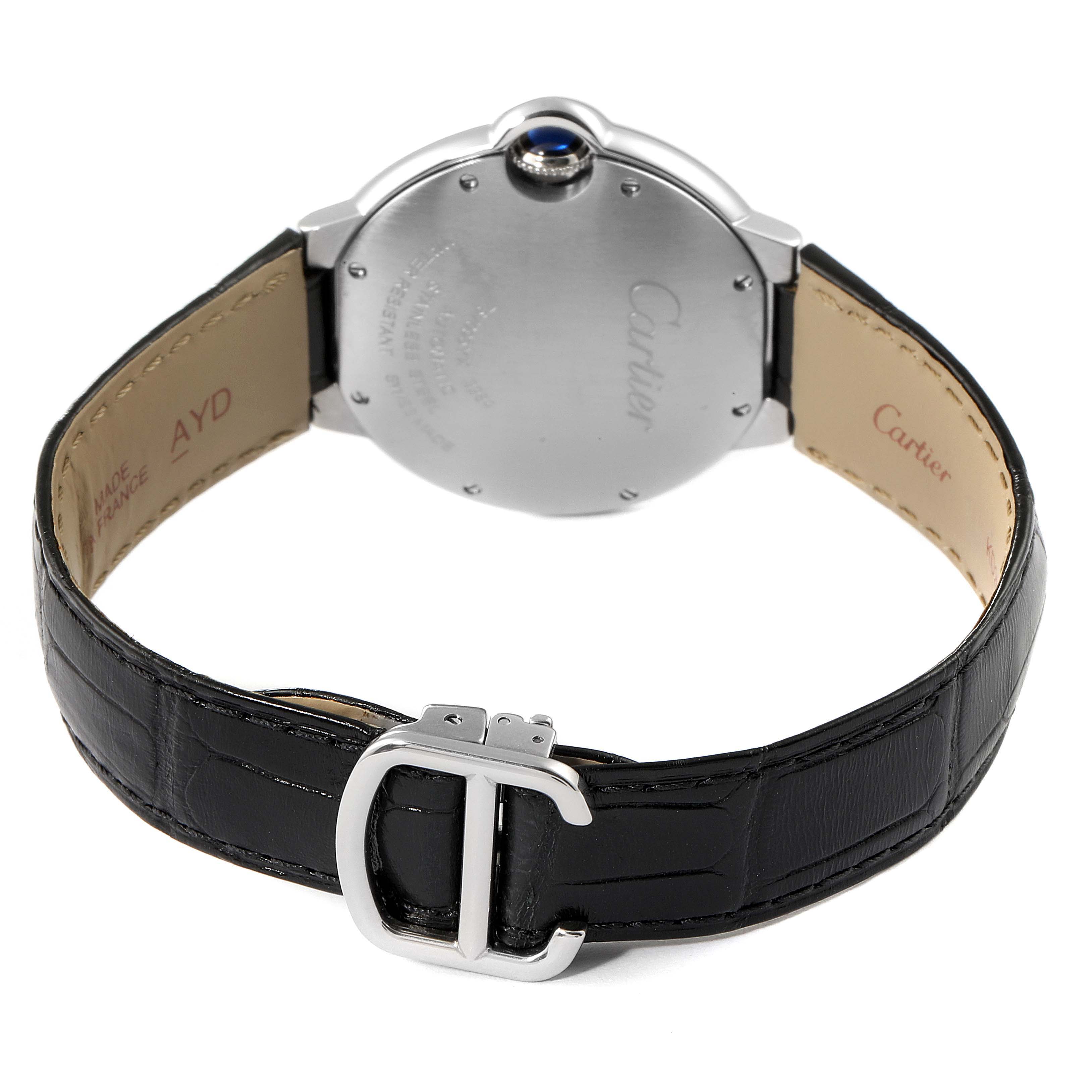 The image shows the back casing and leather strap of the Cartier Ballon Bleu W69017Z4 Men's Stainless Steel Silver Dial W69017Z4 Men's Stainless Steel Silver Dial watch.