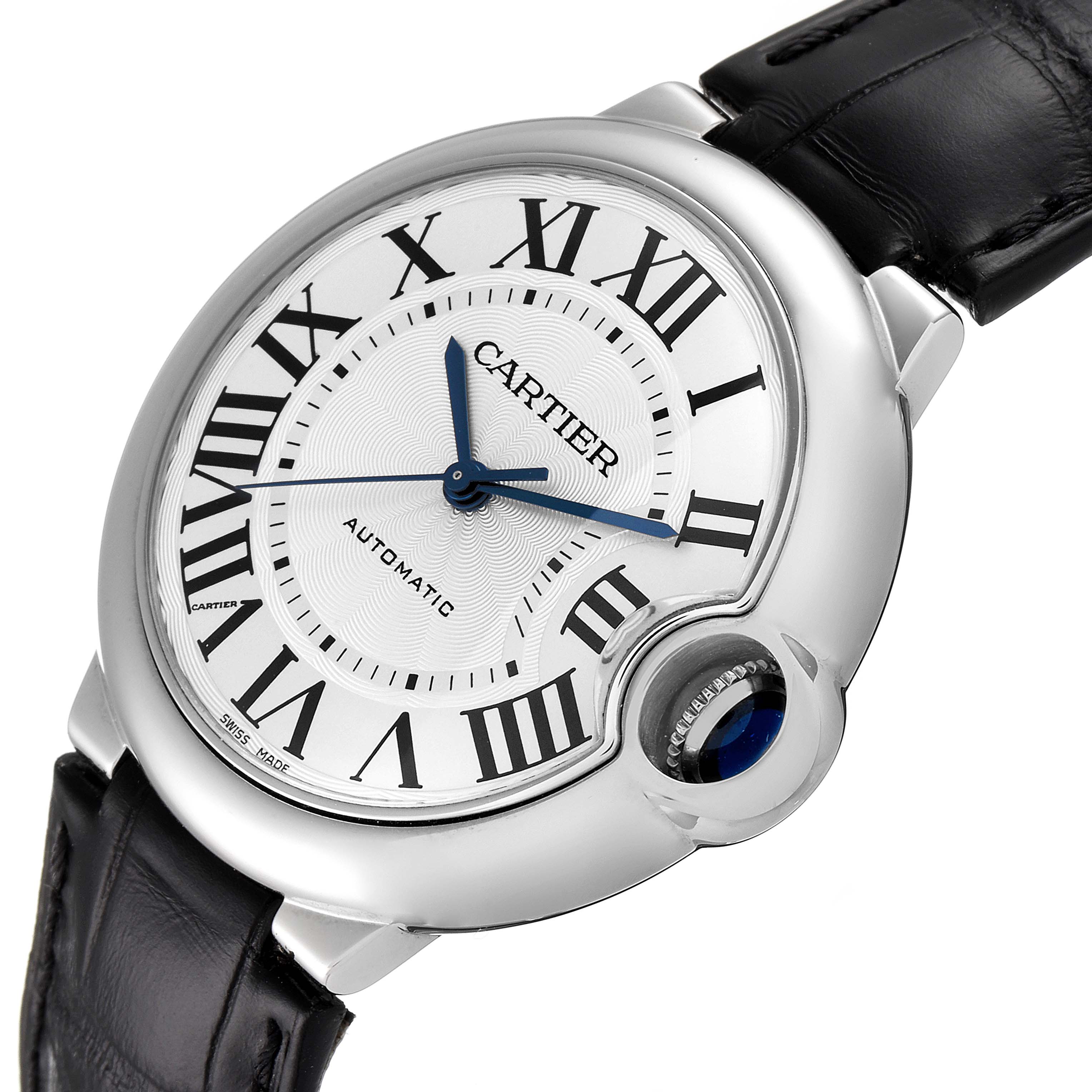 The image displays a Cartier Ballon Bleu W69017Z4 Men's Stainless Steel Silver Dial W69017Z4 Men's Stainless Steel Silver Dial watch from a slightly tilted angle, showing its face, case, and part of the leather strap.