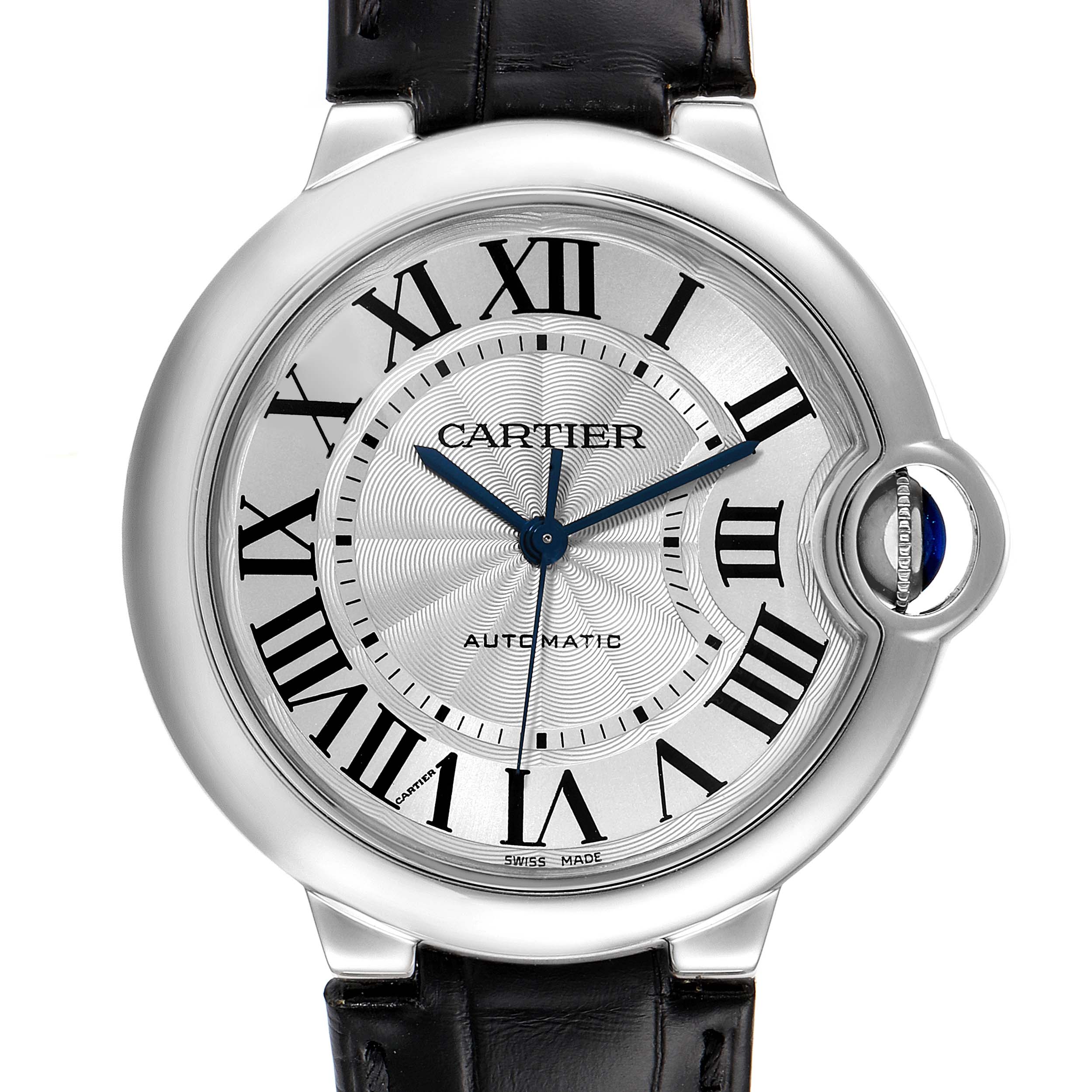The image shows a front view of the Cartier Ballon Bleu W69017Z4 Men's Stainless Steel Silver Dial W69017Z4 Men's Stainless Steel Silver Dial watch, highlighting its dial, Roman numerals, and blue cabochon crown.