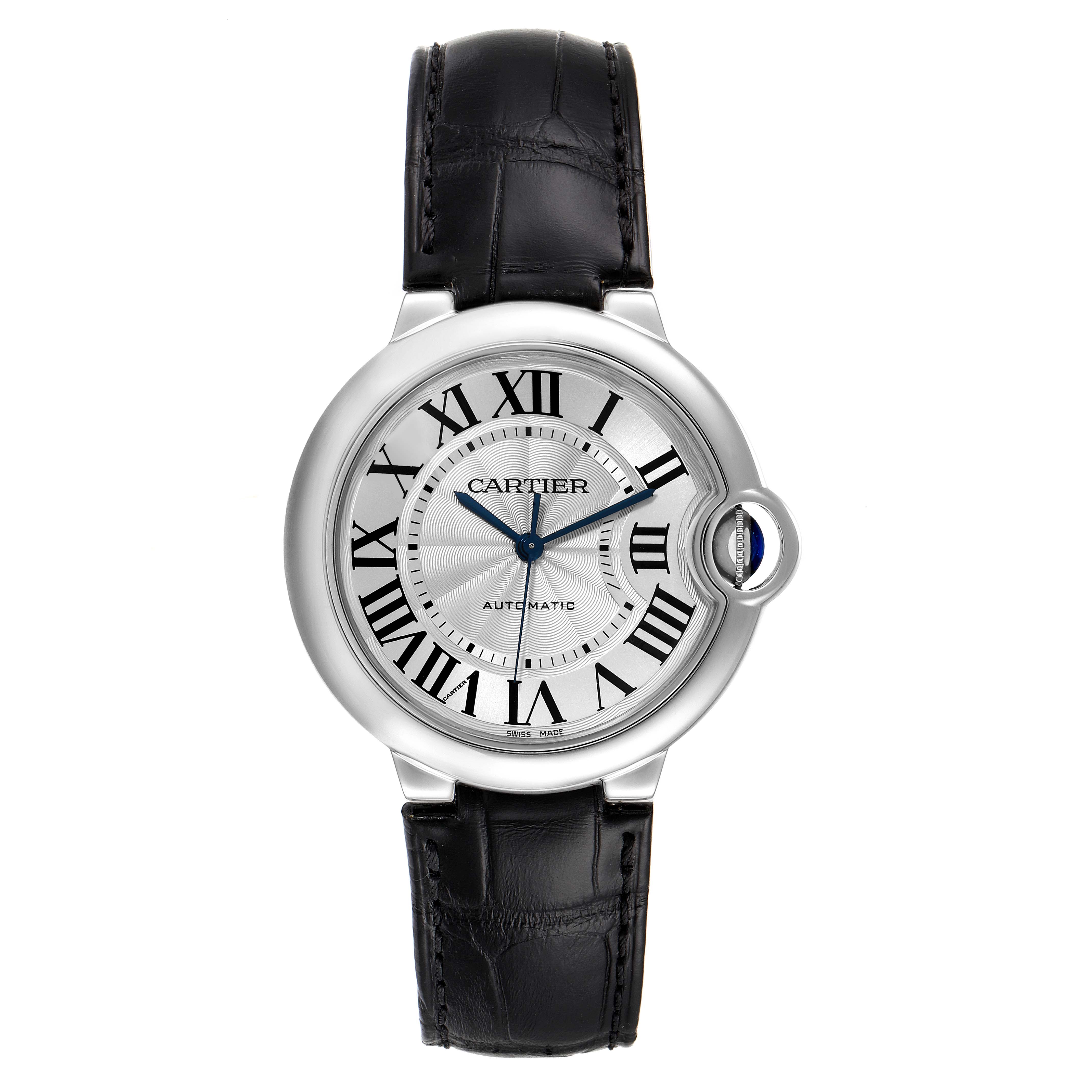 This image shows a front view of the Cartier Ballon Bleu W69017Z4 Men's Stainless Steel Silver Dial W69017Z4 Men's Stainless Steel Silver Dial watch, highlighting its dial, casing, and leather strap.
