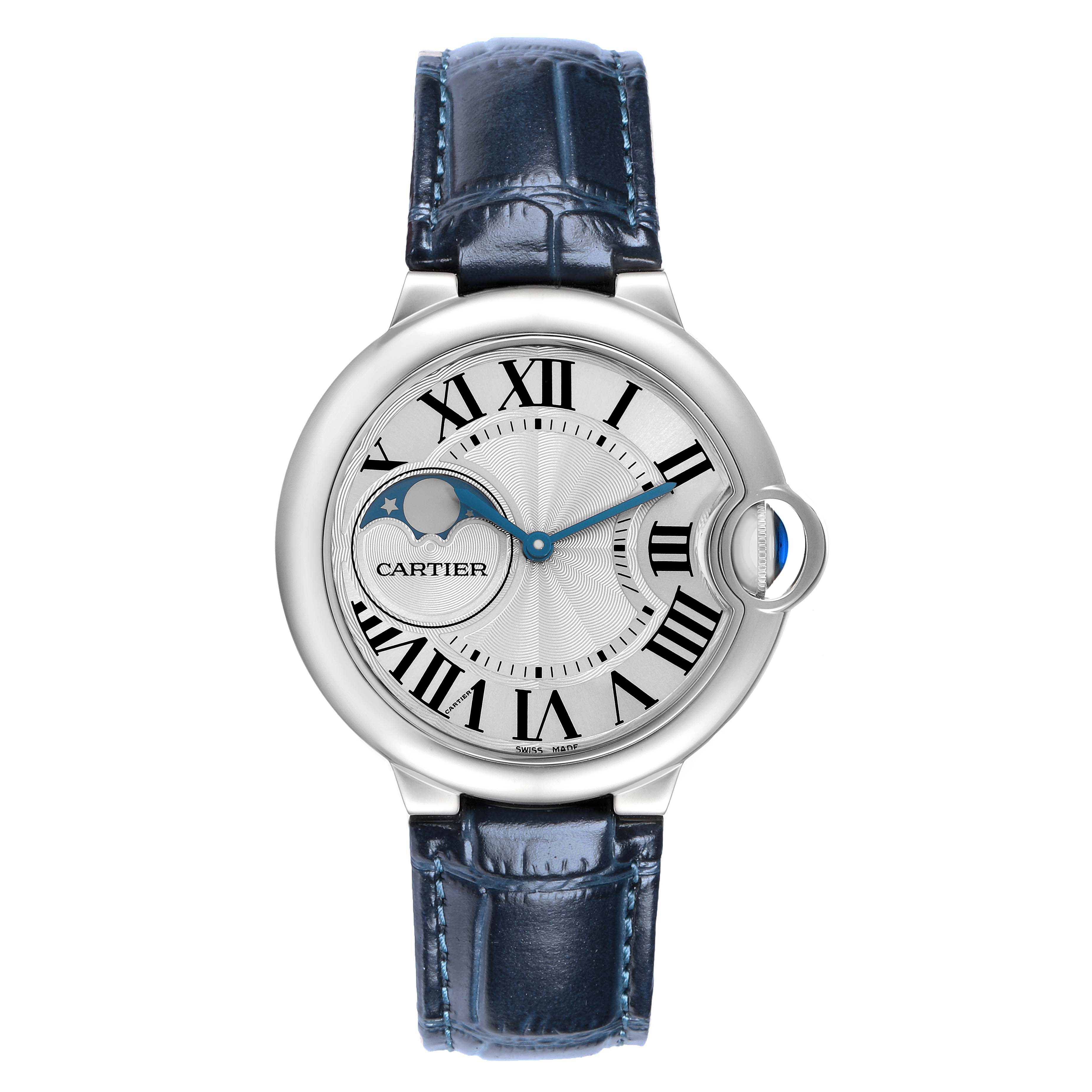 The Cartier Ballon Bleu WSBB0020 Men
s Stainless Steel Silver Dial watch is shown from a top-down angle, displaying its round face, Roman numerals, and blue leather strap.