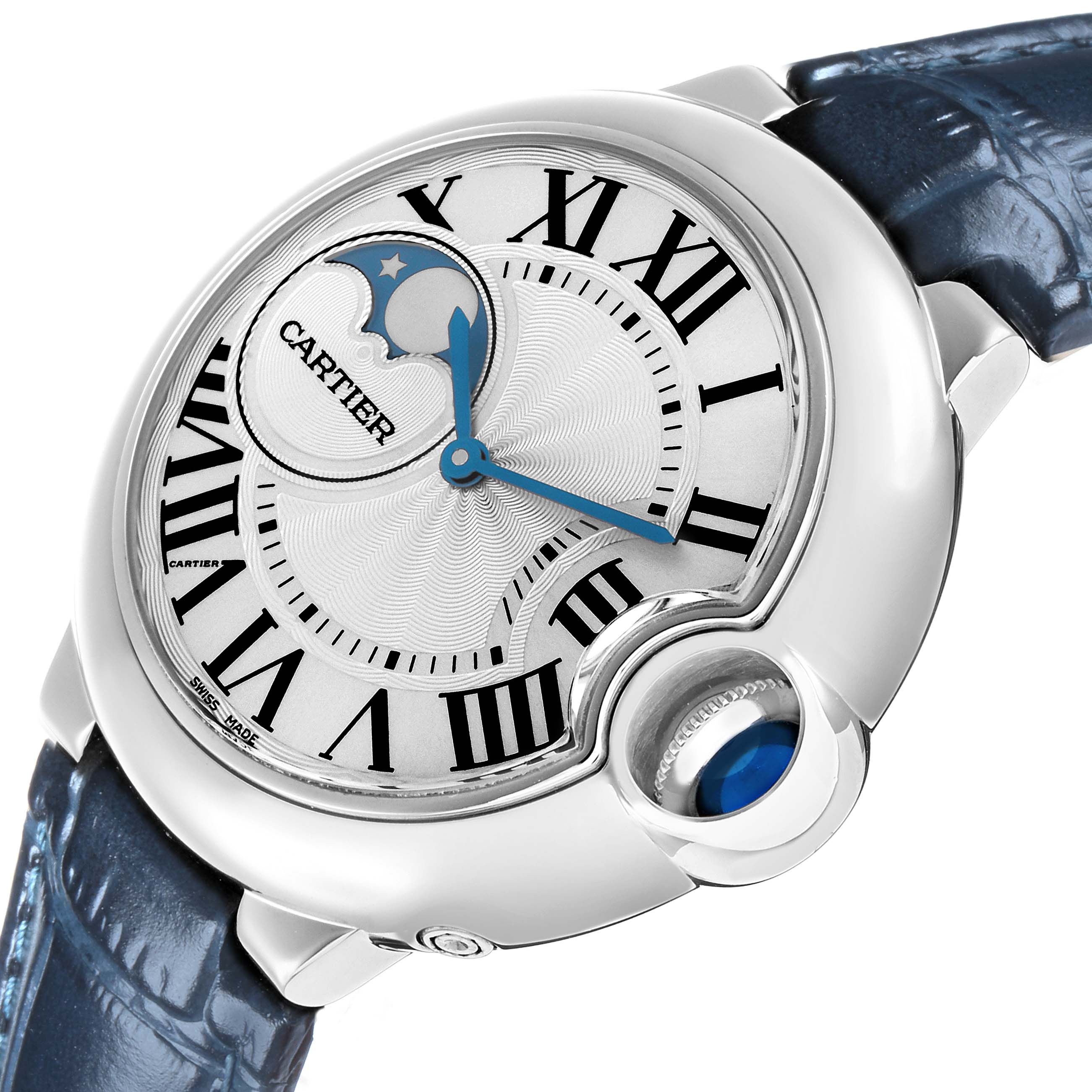 The Cartier Ballon Bleu WSBB0020 Men
s Stainless Steel Silver Dial watch is shown at an angled view, highlighting its dial, blue hands, unique crown, and blue leather strap.