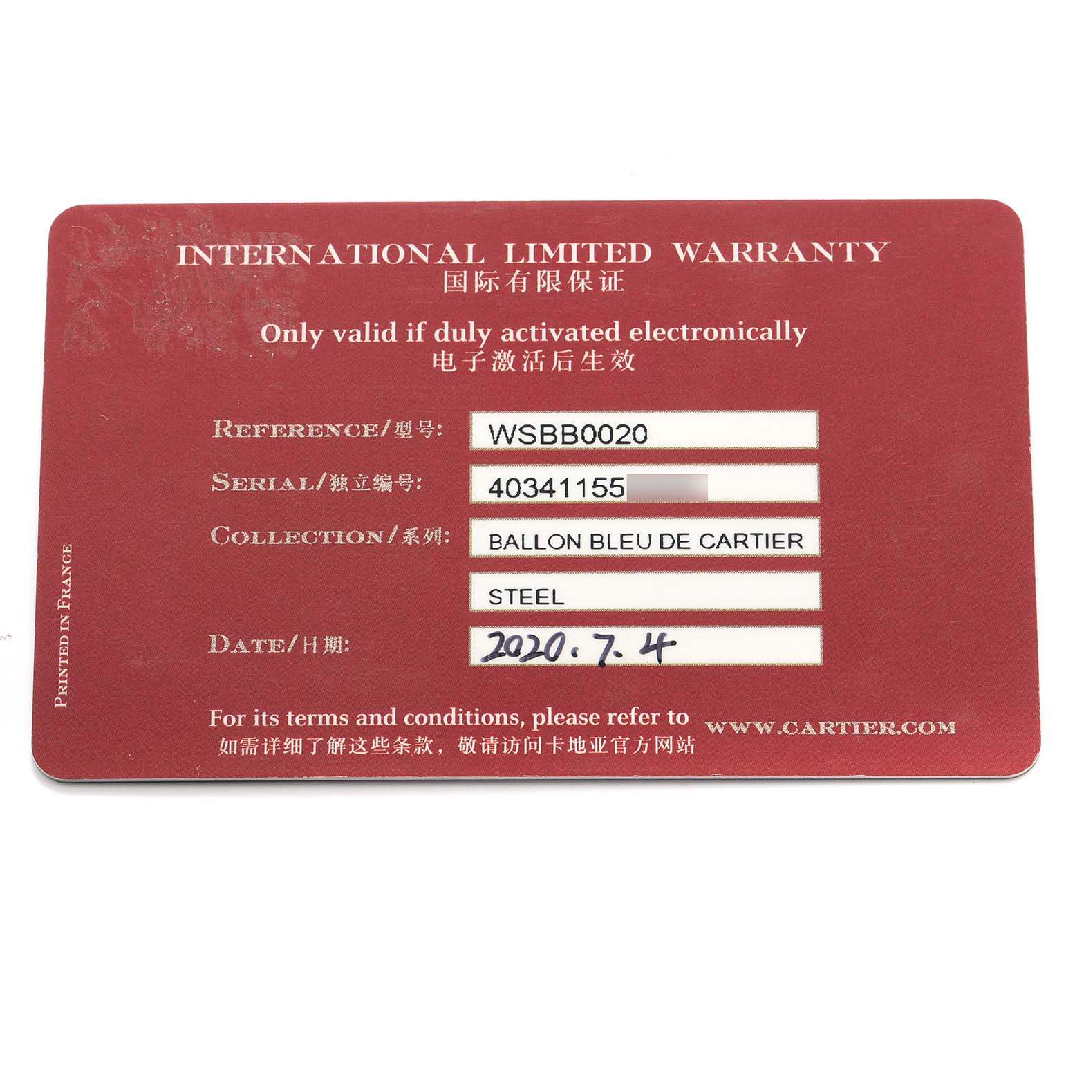 The image shows an International Limited Warranty card for the Ballon Bleu de Cartier watch, featuring reference and serial numbers.