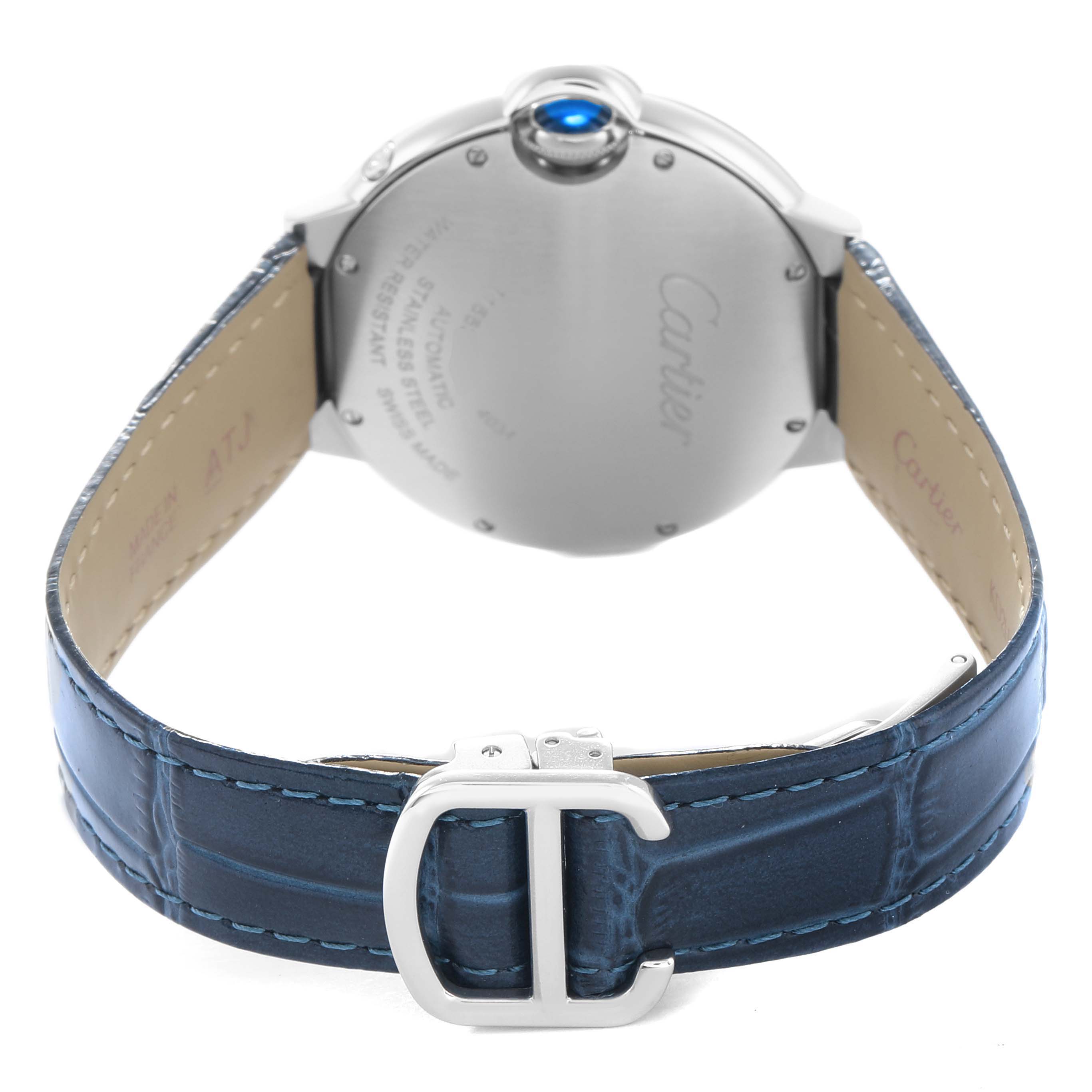 The image shows the back view of a Cartier Ballon Bleu WSBB0020 Men
s Stainless Steel Silver Dial watch, highlighting its case back, crown, and blue leather strap with a clasp.