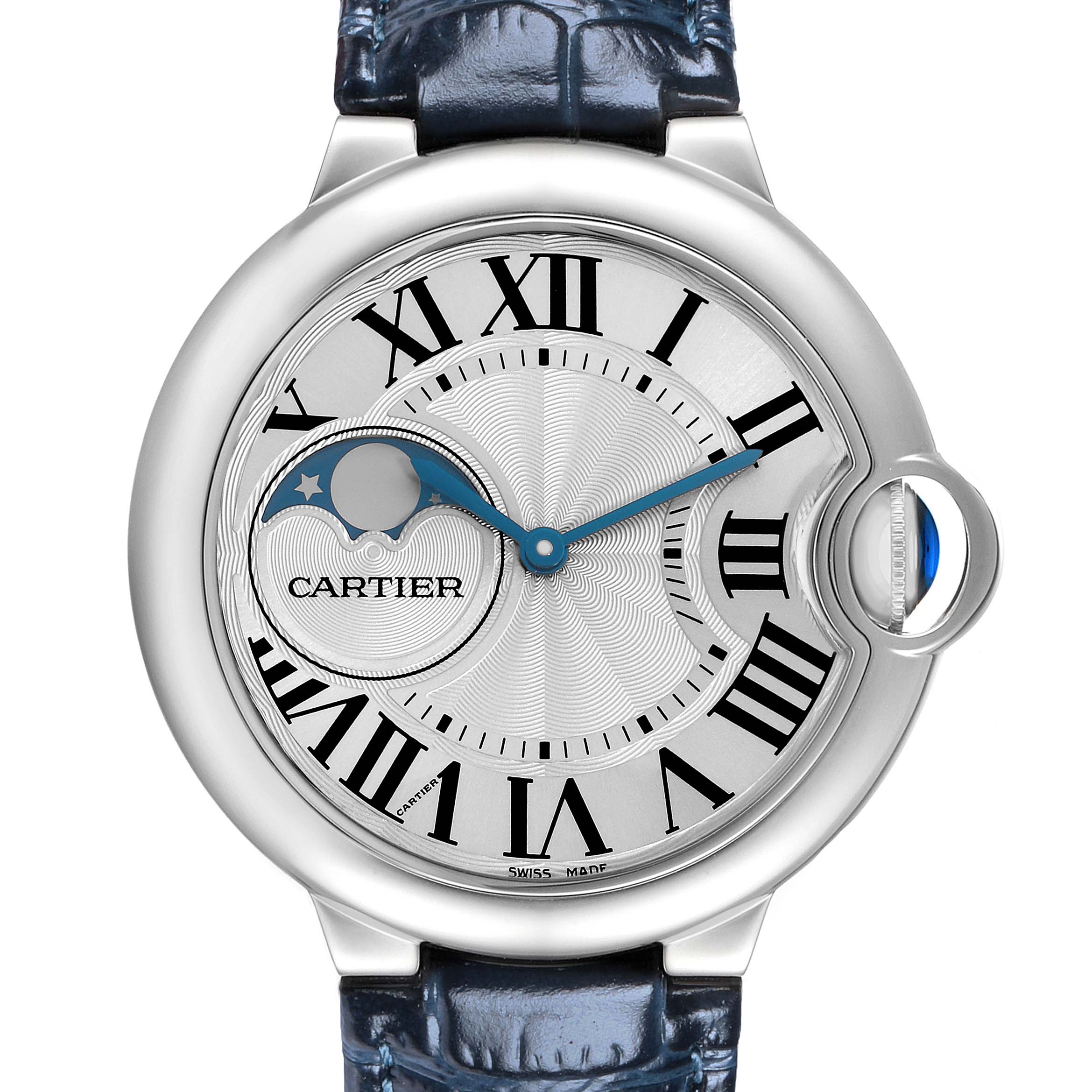 The Cartier Ballon Bleu WSBB0020 Men
s Stainless Steel Silver Dial watch is shown from the front, displaying its dial, Roman numerals, and crescent moon phase.