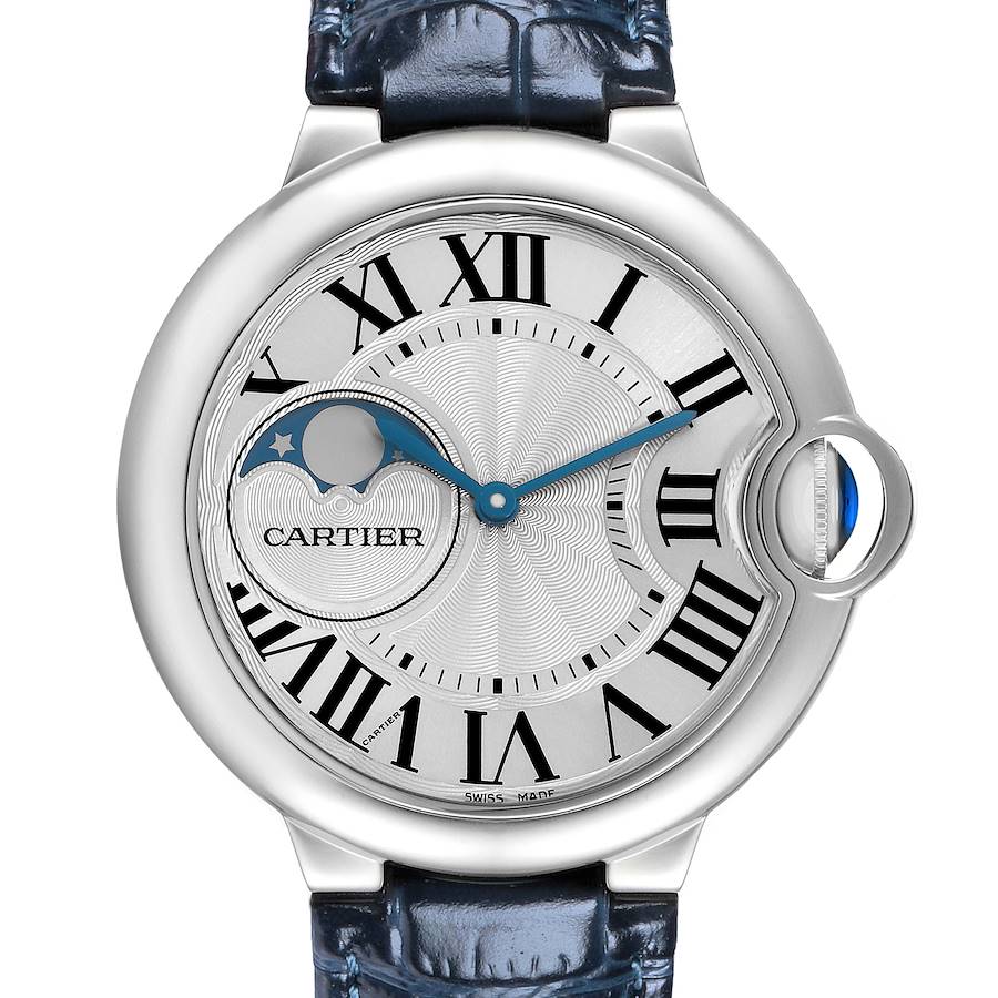 The Cartier Ballon Bleu WSBB0020 Men's Stainless Steel Silver Dial watch is shown from the front, displaying its dial, Roman numerals, and crescent moon phase.