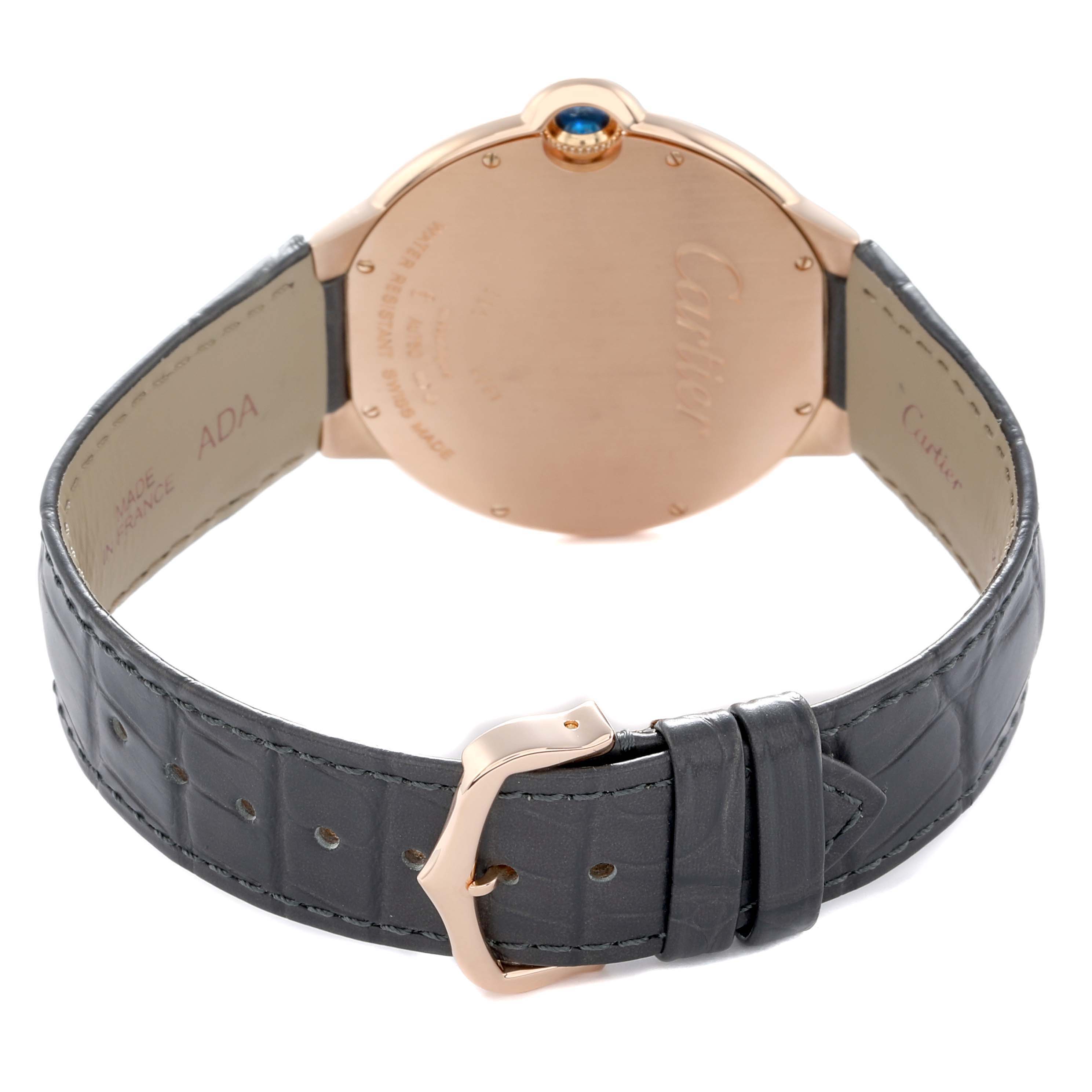 The image shows the back of a Cartier Ballon Bleu W6920089 Men
s Rose Gold Grey Dial watch, highlighting the case, strap, and clasp from a rear angle.