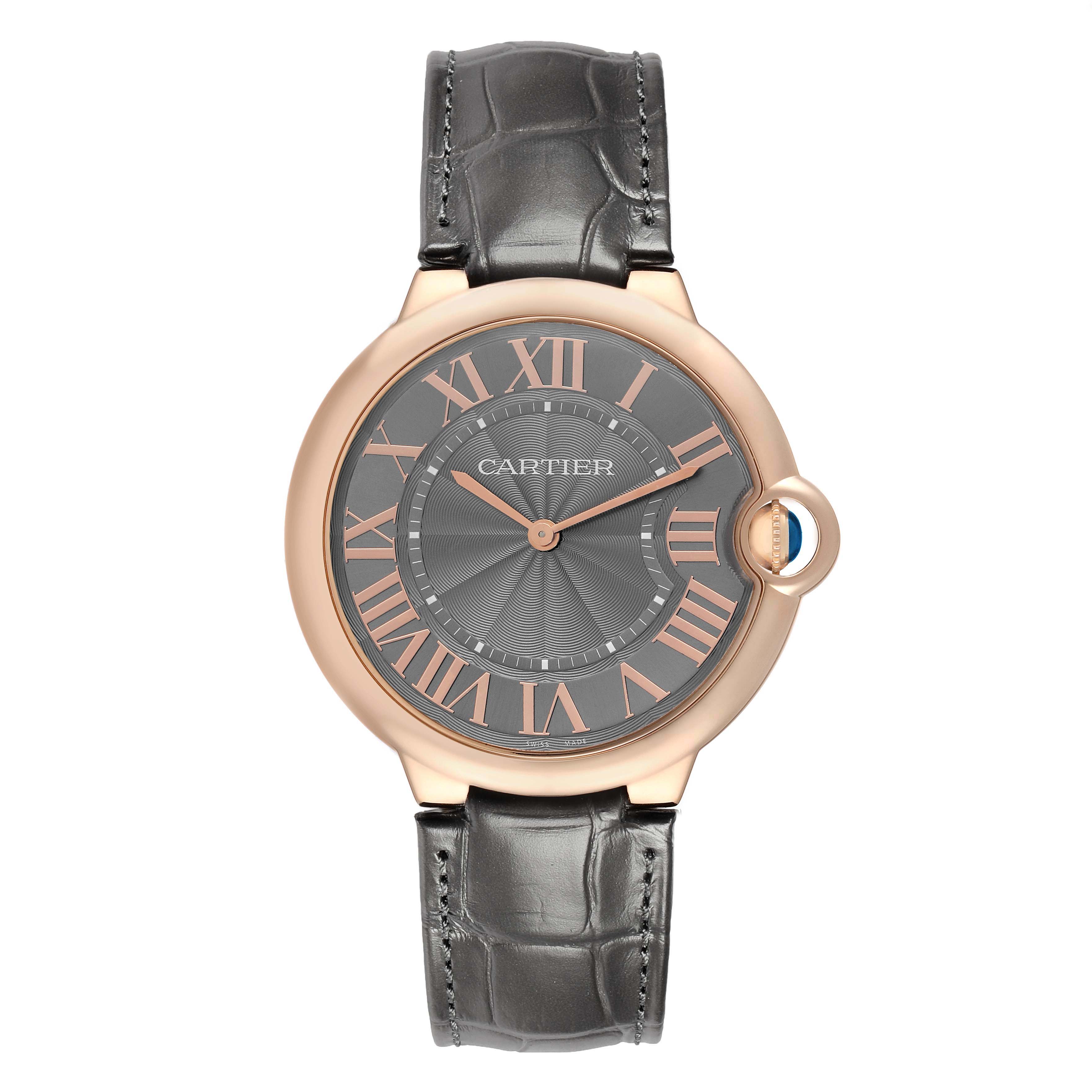 The Cartier Ballon Bleu W6920089 Men
s Rose Gold Grey Dial watch is shown from the front, highlighting its face, case, and leather strap.