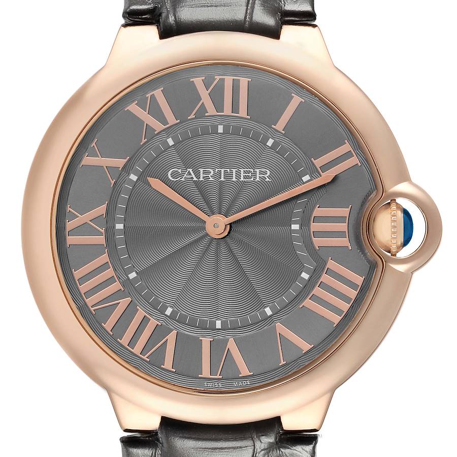 The Cartier Ballon Bleu W6920089 Men's Rose Gold Grey Dial watch is shown from the front, displaying its face, Roman numerals, hands, and crown.