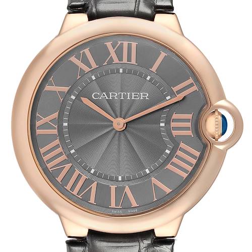The Cartier Ballon Bleu W6920089 Men's Rose Gold Grey Dial watch is shown from a front angle, featuring the dial, Roman numerals, hands, and crown.