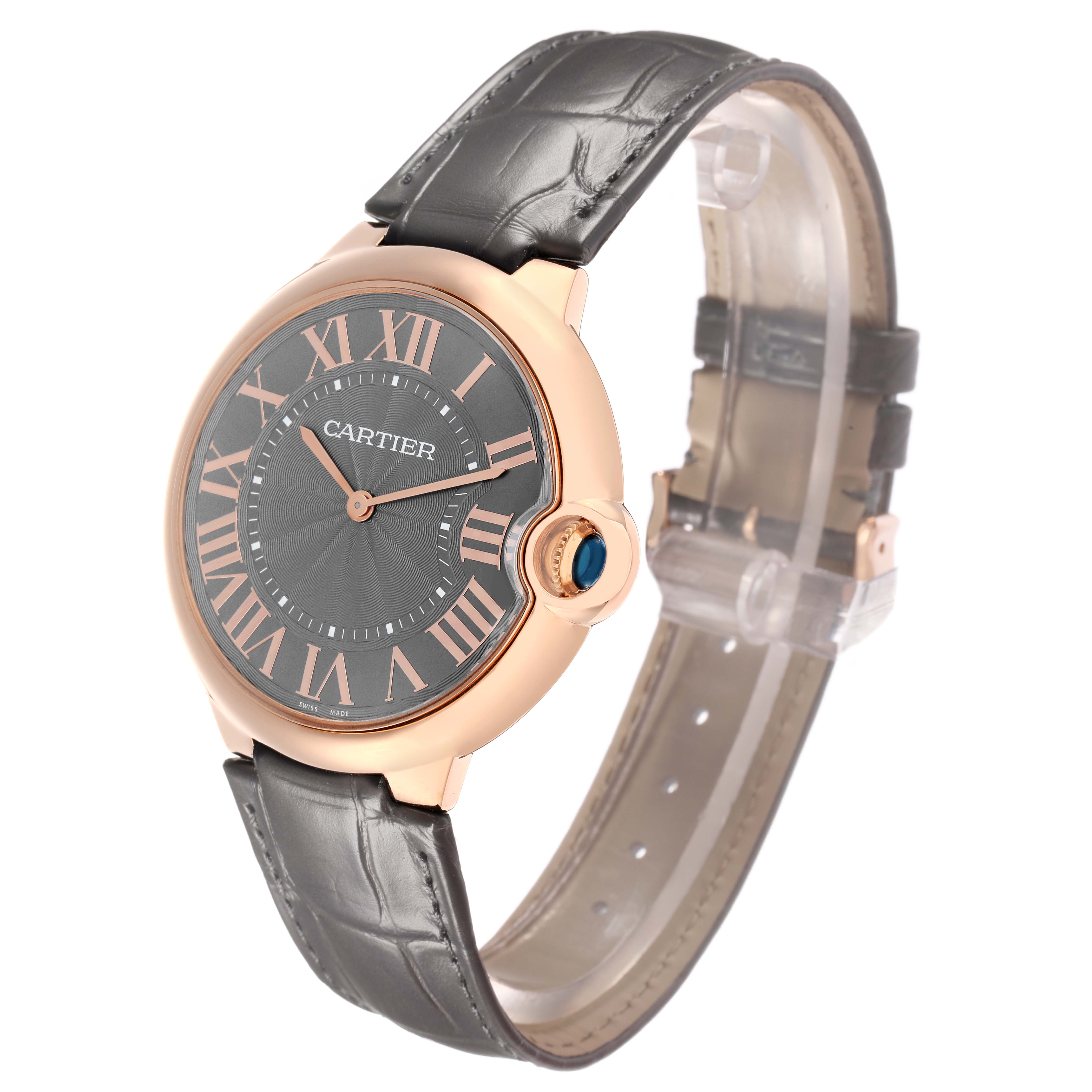 The Cartier Ballon Bleu W6920089 Men
s Rose Gold Grey Dial watch is shown at a slight angle, highlighting the face, Roman numerals, case, and leather strap.