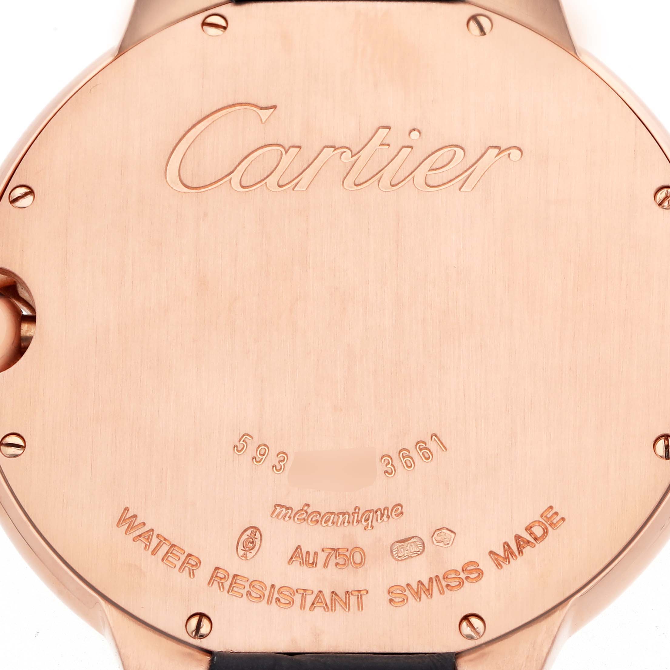 The image shows the case back of a Cartier Ballon Bleu W6920089 Men
s Rose Gold Grey Dial watch, displaying engravings and markings.