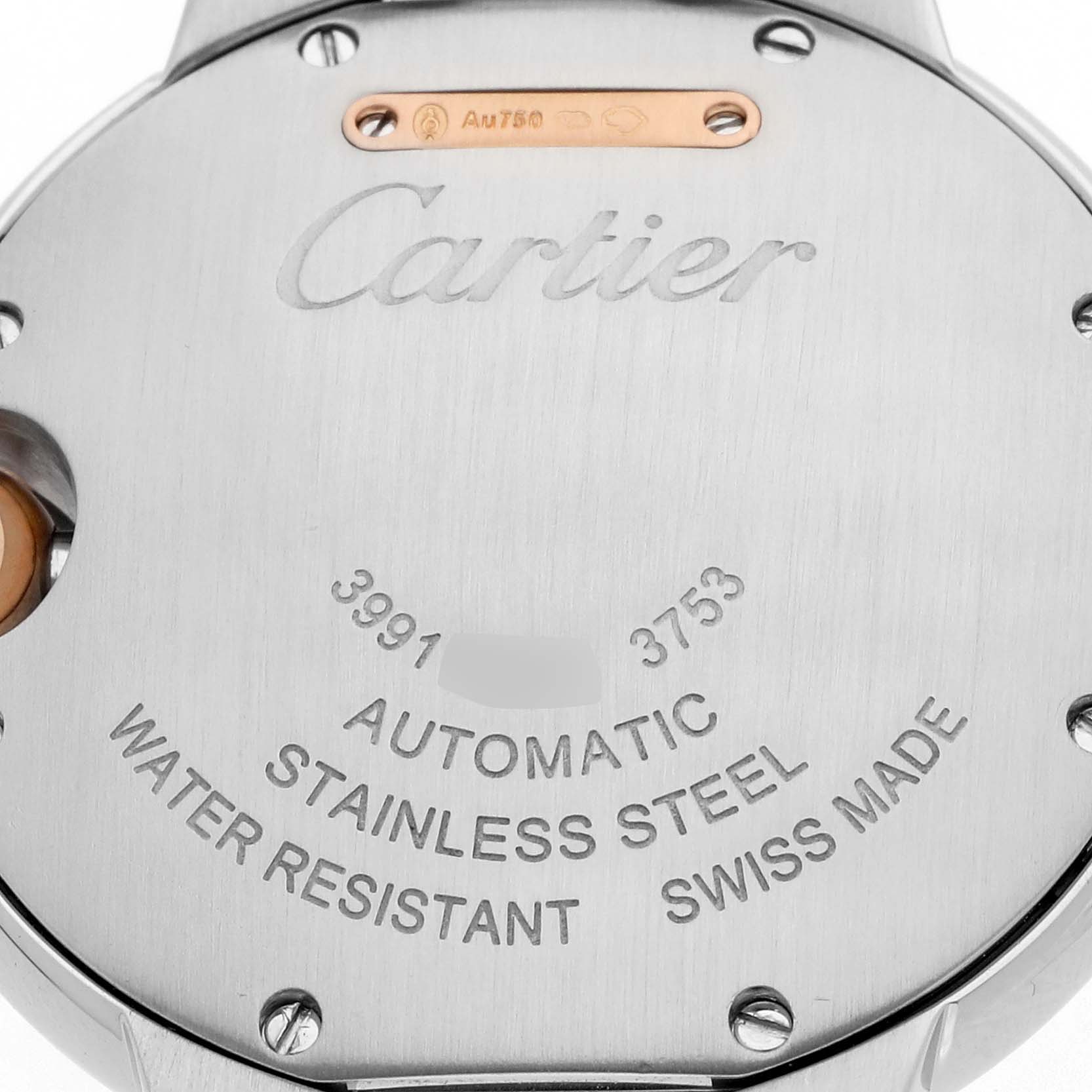 The image shows the back casing of a Cartier Ballon Bleu WE902077 Women
s Steel and Gold (two tone) Silver Dial watch, highlighting branding and material details.