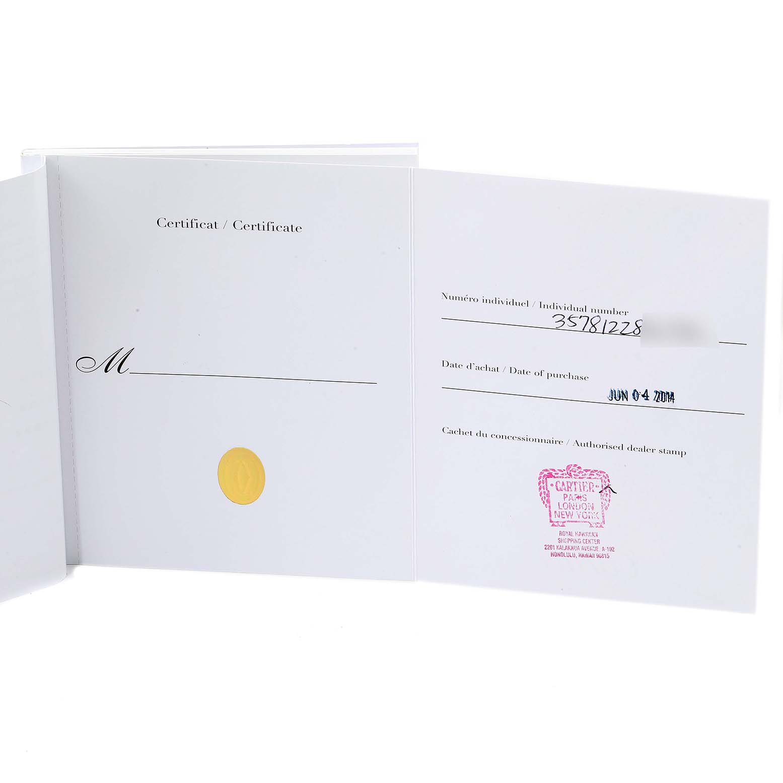 The image shows the certificate of Best Quality
ity and purchase information for a Calibre de Cartier model by Cartier.