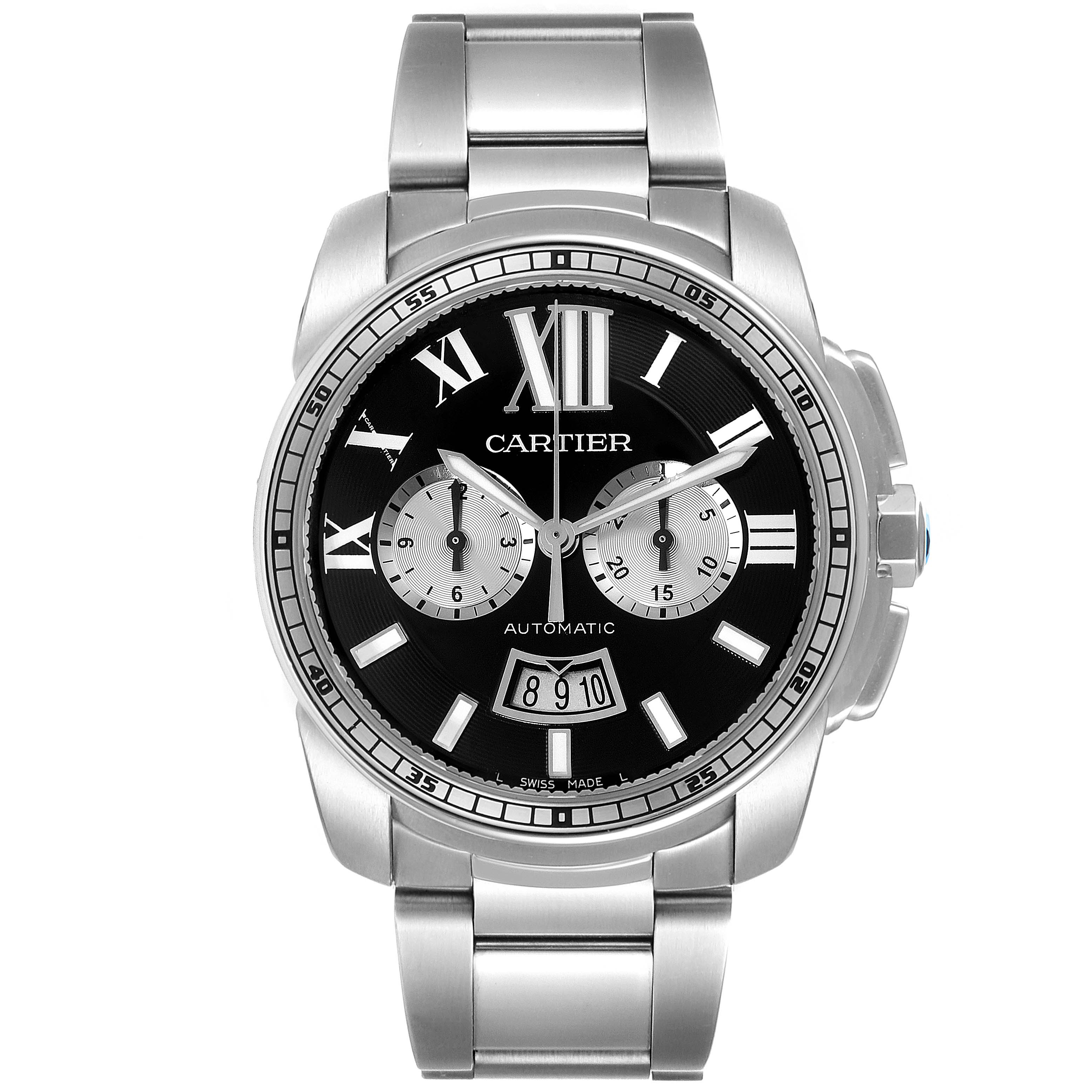 The image shows a front view of a Calibre de Cartier watch by Cartier, highlighting its face, dial, and bracelet.