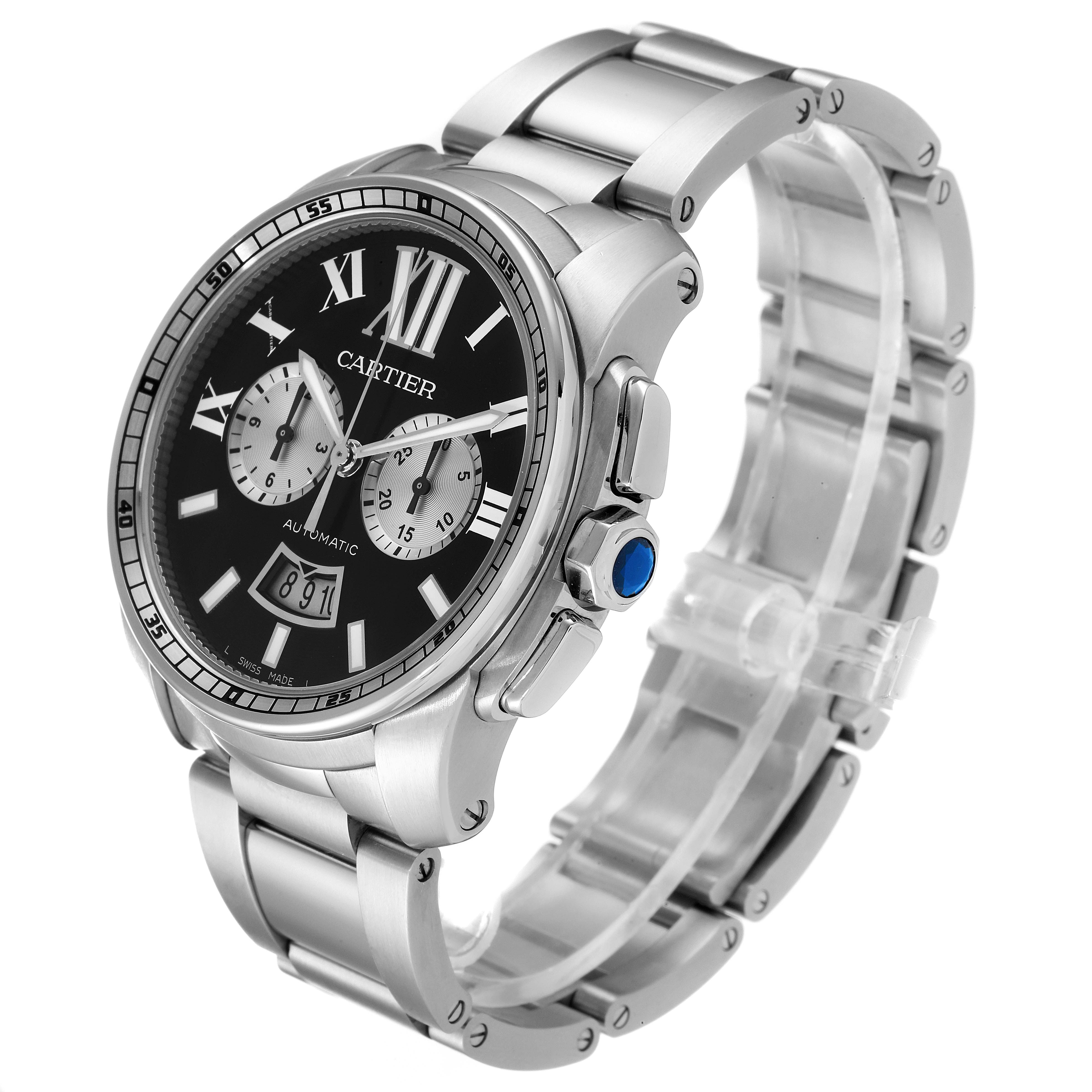 The image shows a side angle view of the Calibre de Cartier watch by Cartier, highlighting its face, bracelet, and crown.