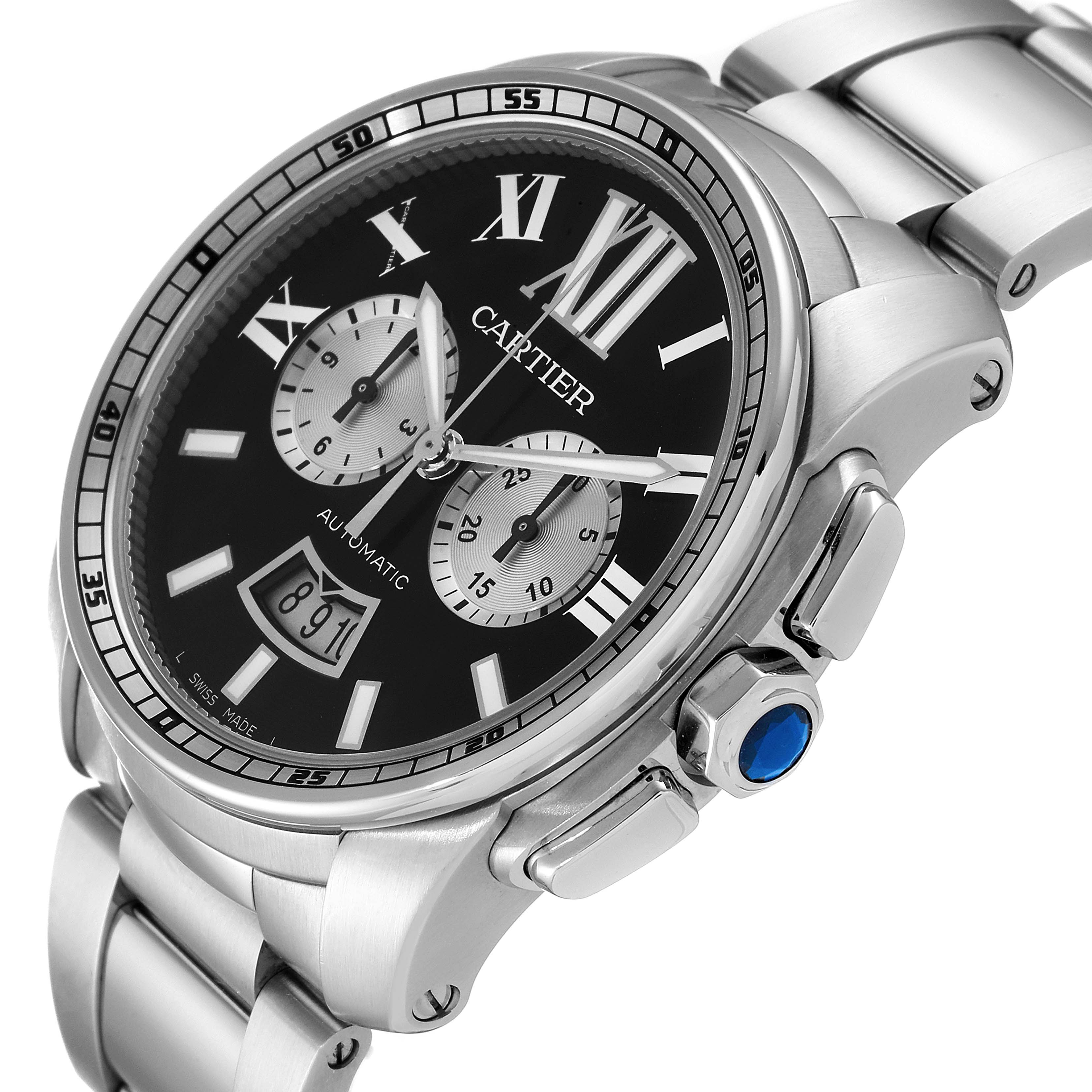 The image shows a Calibre de Cartier watch by Cartier at a slight side angle, displaying the bezel, dial, crown, and part of the bracelet.