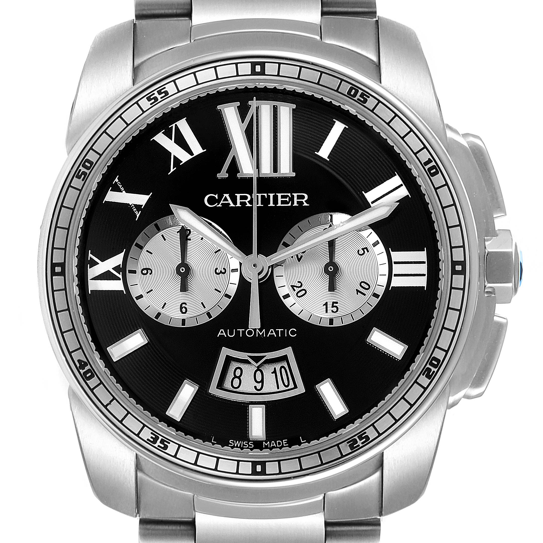 The image shows a frontal view of the Calibre de Cartier model by Cartier, displaying its black dial, chronograph subdials, and date window.