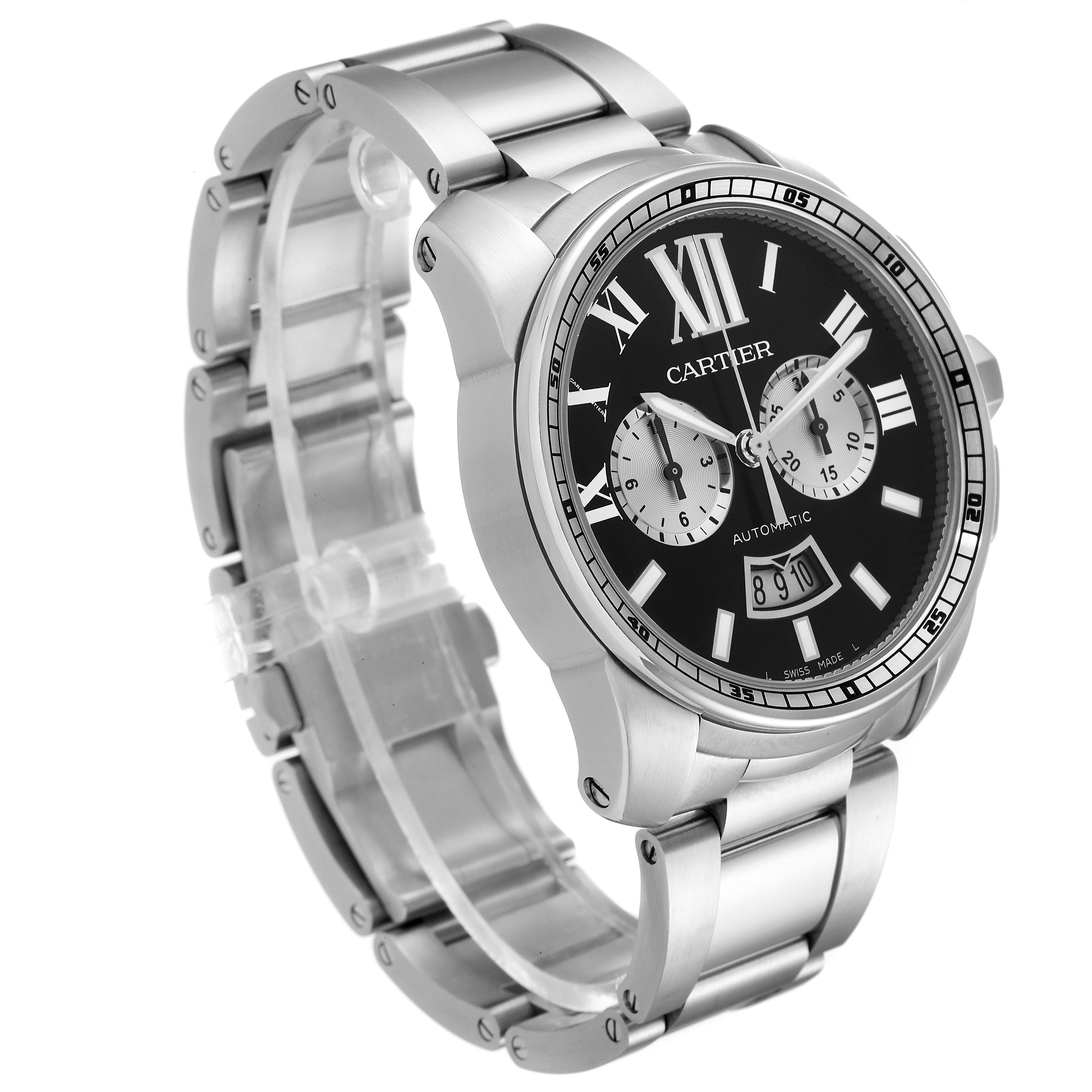 The image shows a side-angle view of the Calibre de Cartier watch by Cartier, highlighting its dial, subdials, and stainless steel bracelet.