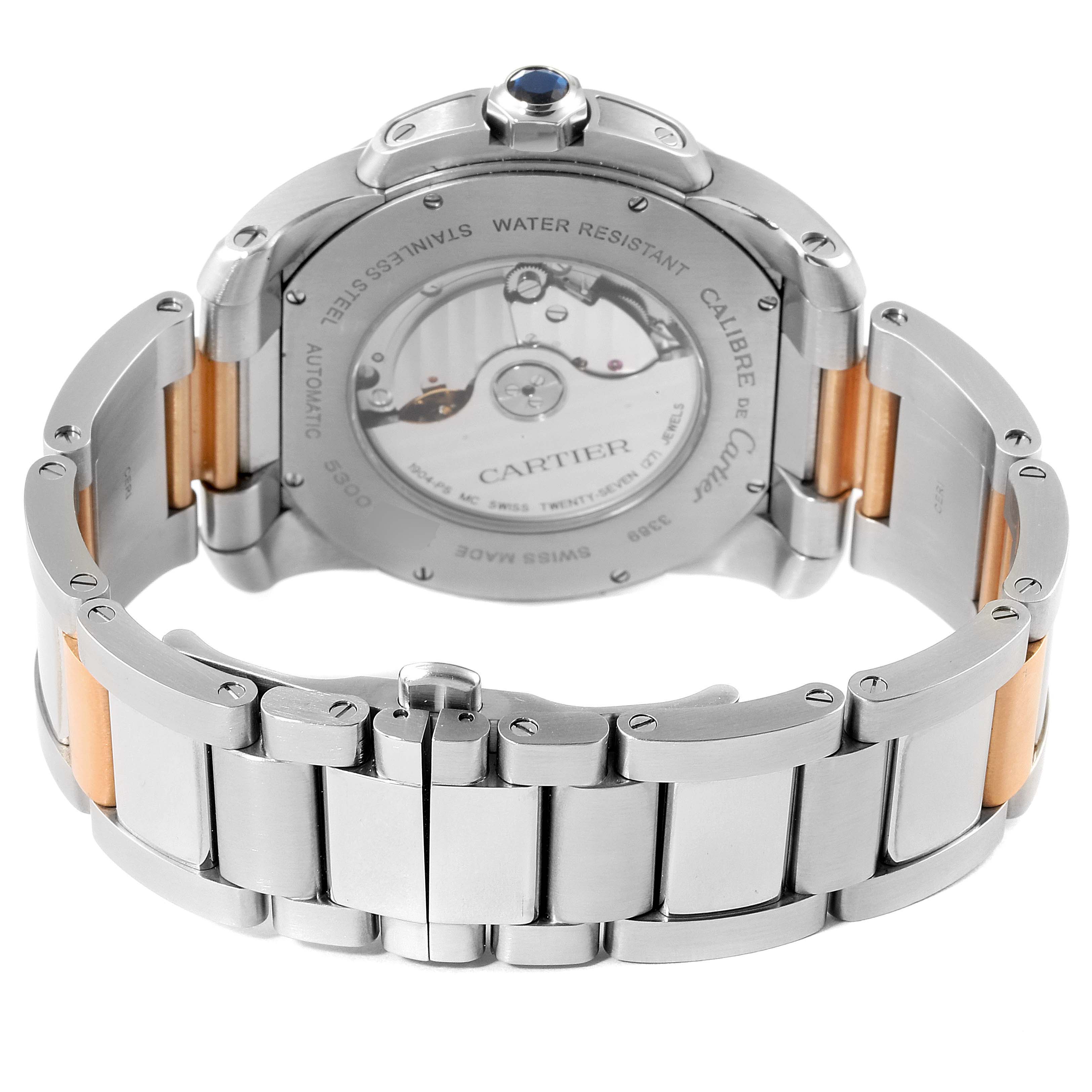 This image displays the back view of the Calibre de Cartier watch by Cartier, showing the case back and part of the bracelet.