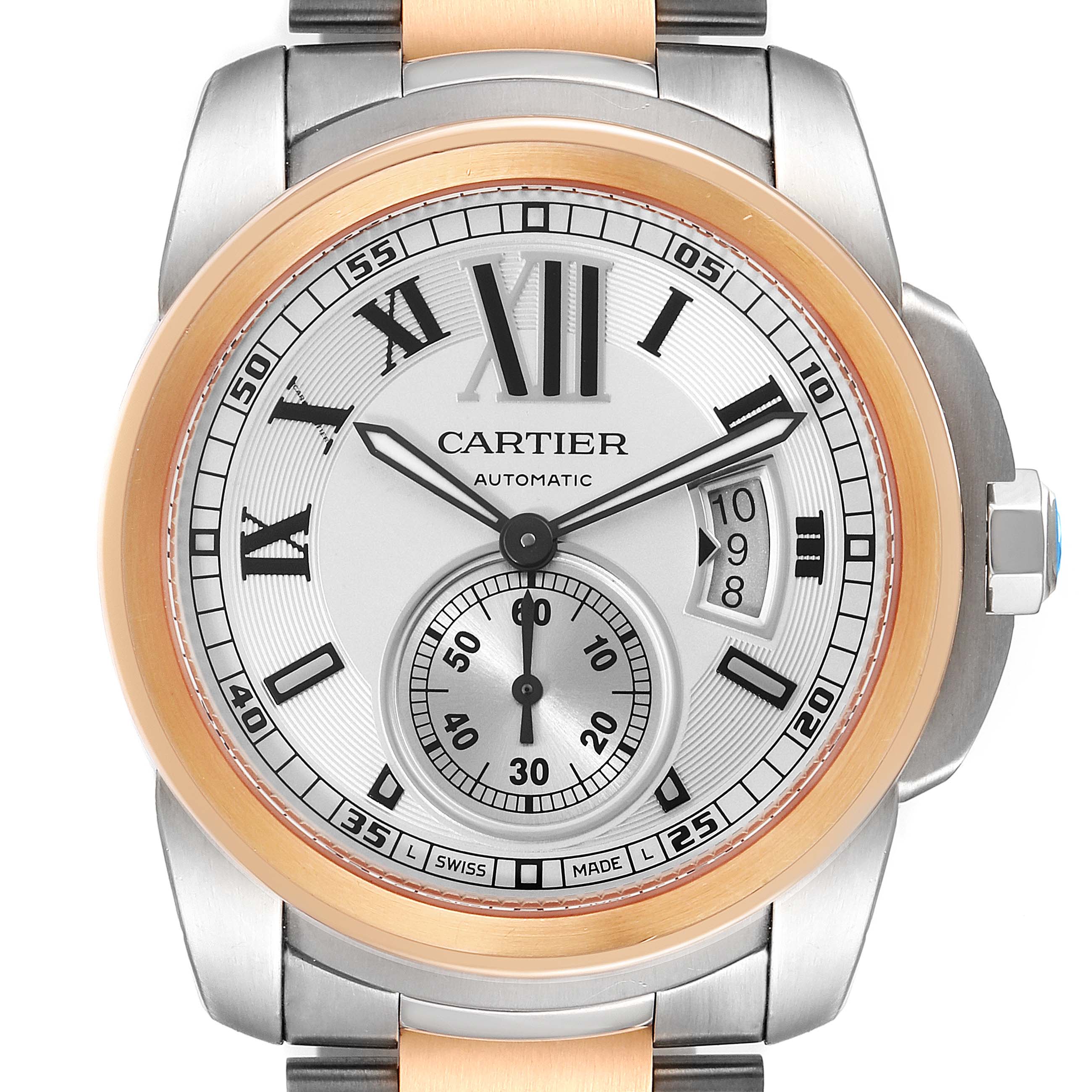 This is a front view of the Calibre de Cartier watch by Cartier, showing the face, bezel, and part of the bracelet.