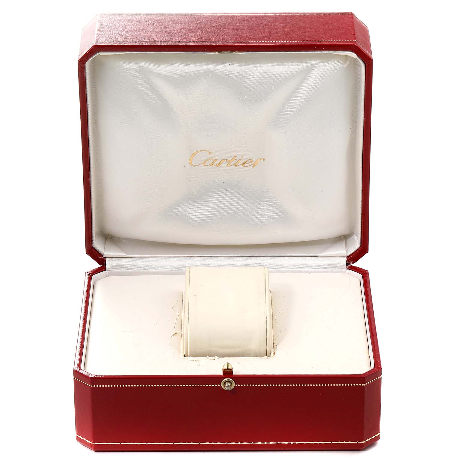 This shows an open presentation box for a Calibre de Cartier watch by Cartier, displaying the interior with a watch cushion.