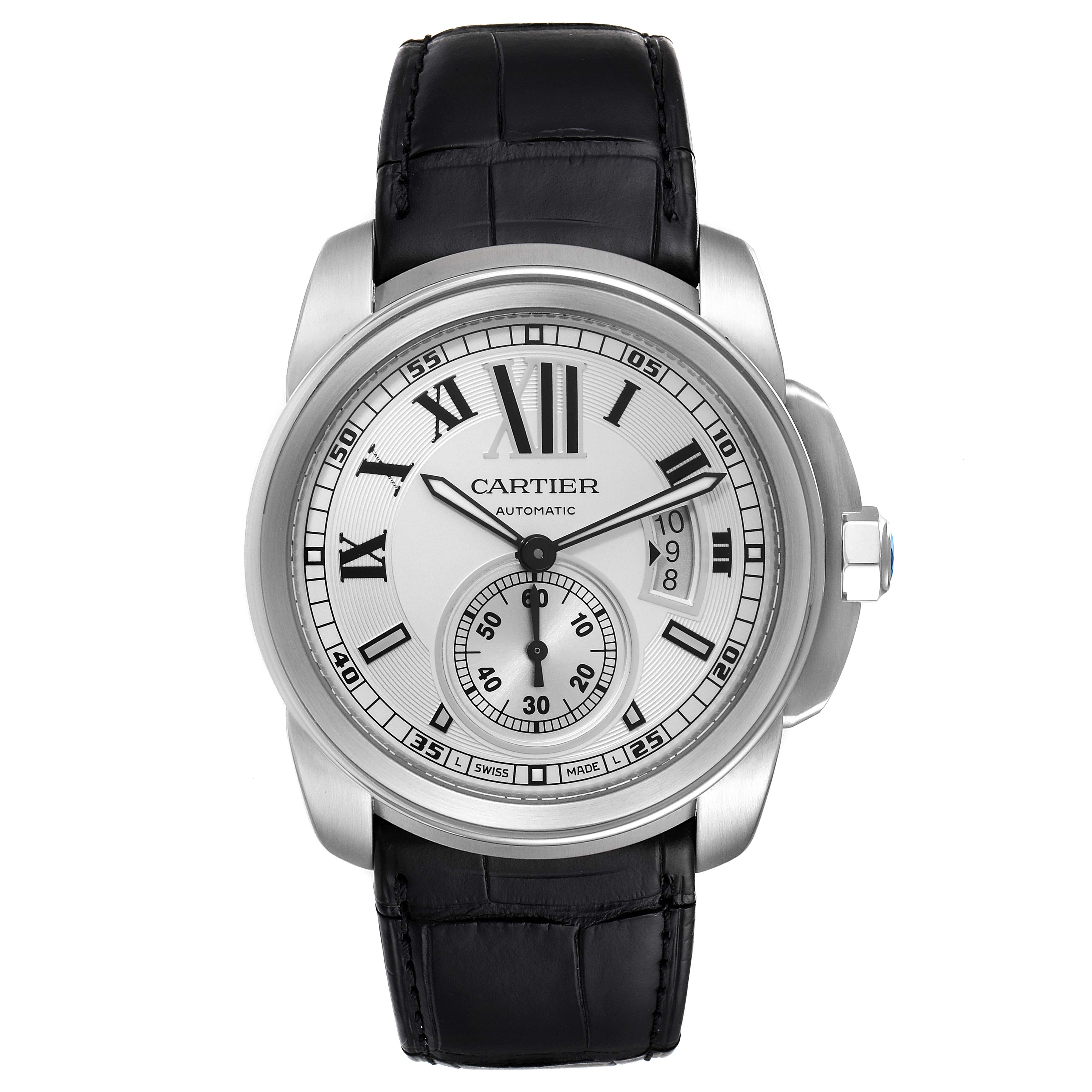 The image shows a frontal view of the Calibre de Cartier watch by Cartier, displaying the dial, hands, crown, and leather strap.