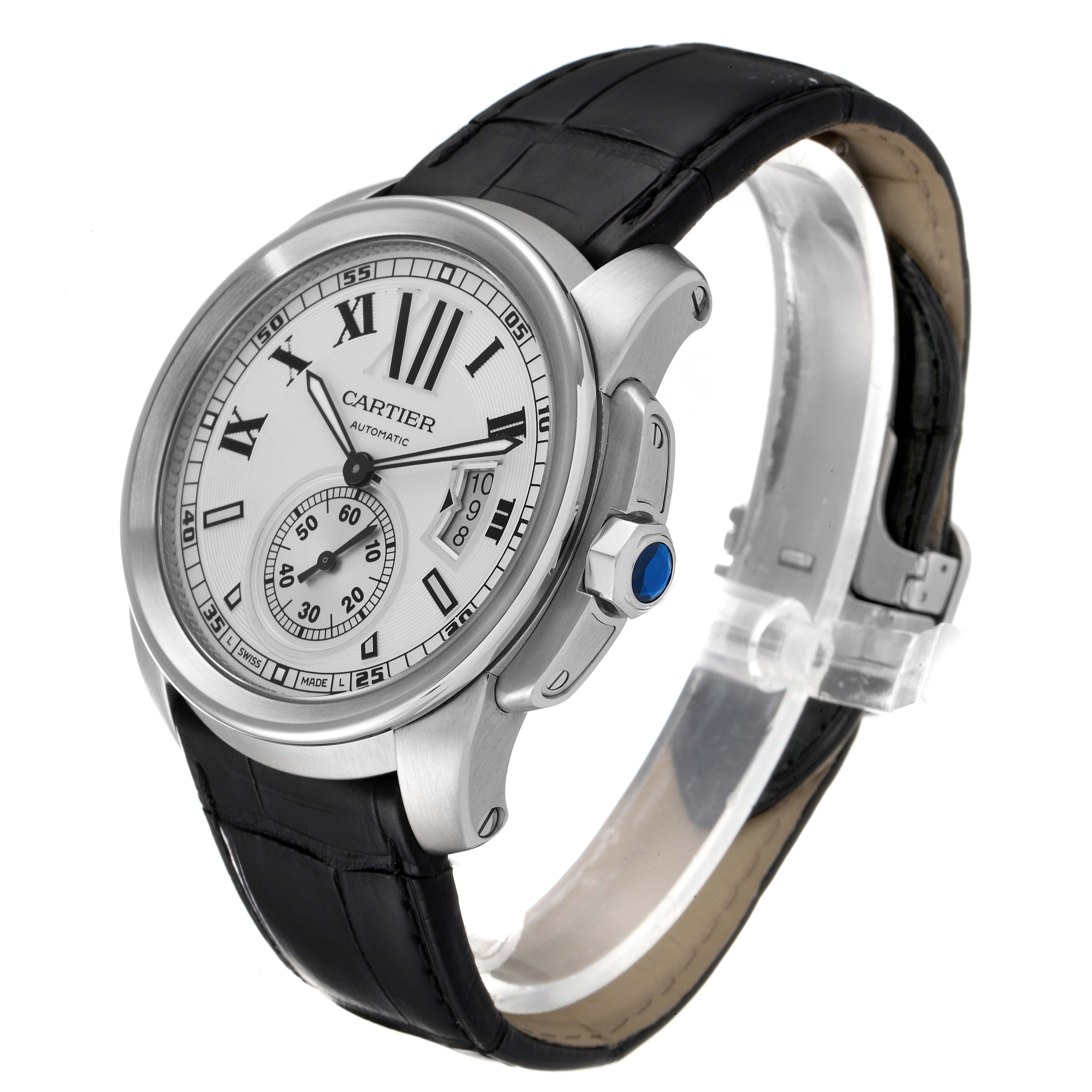 This image shows the front and side view of a Calibre de Cartier watch by Cartier, highlighting its face, crown, and leather strap.