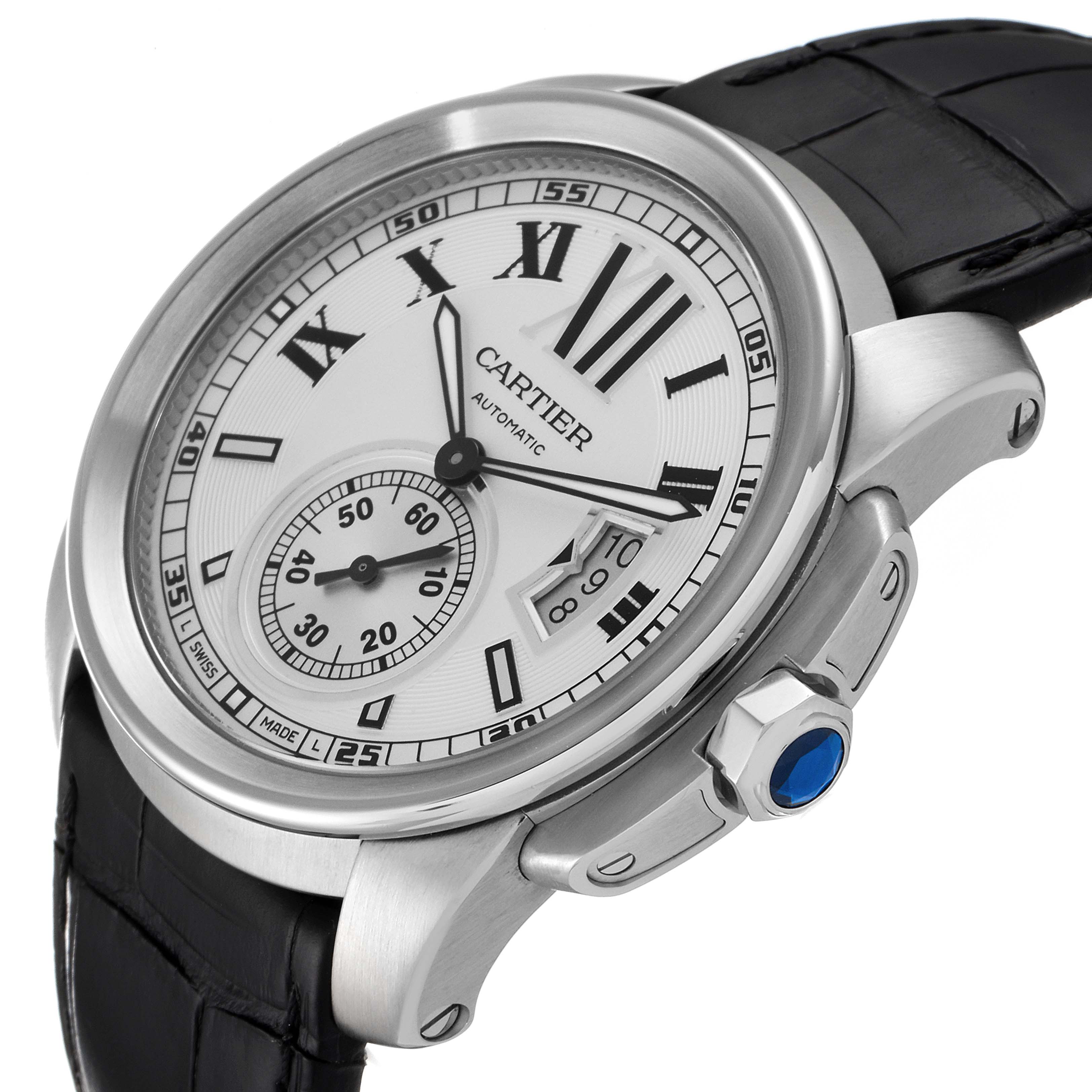 The image shows a side-angle view of a Calibre de Cartier watch by Cartier, highlighting the dial, strap, crown, and side case.